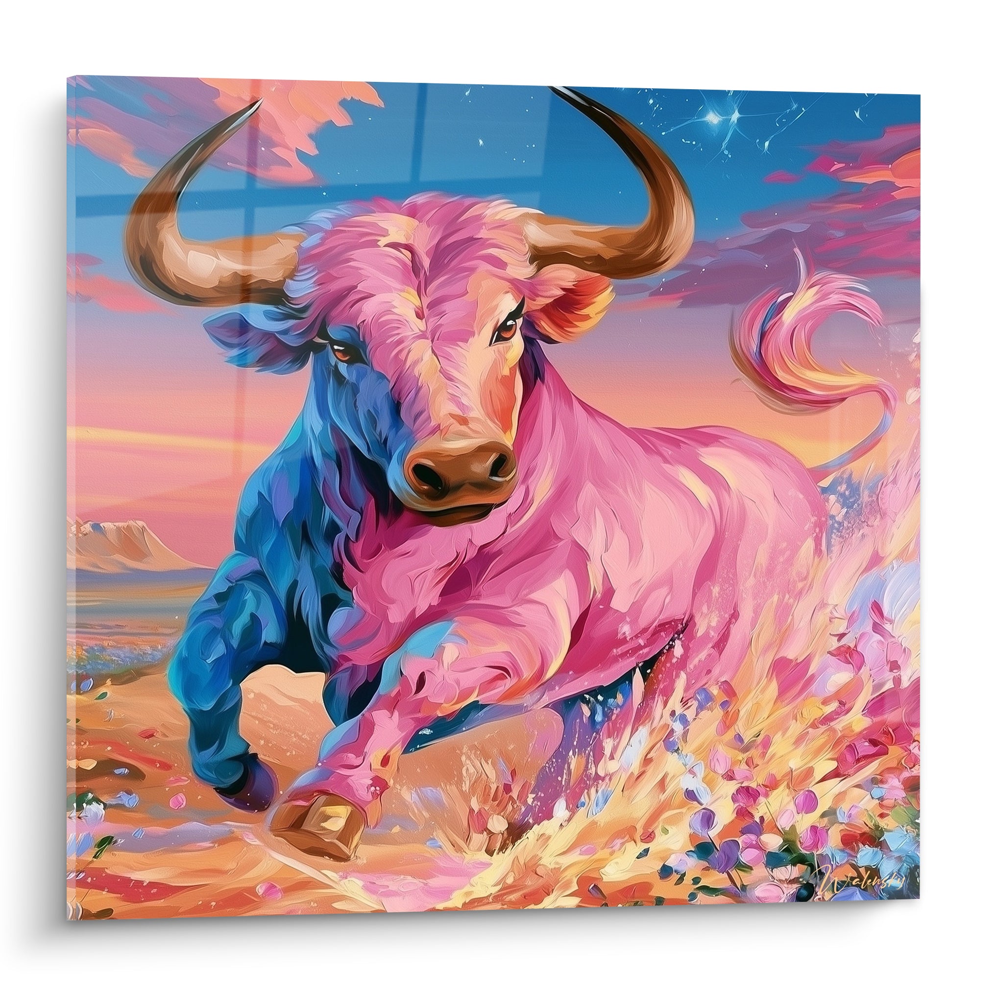 Taureau rose et bleu cobalt fonçant, cornes brunes déployées sous un ciel étoilé nocturne