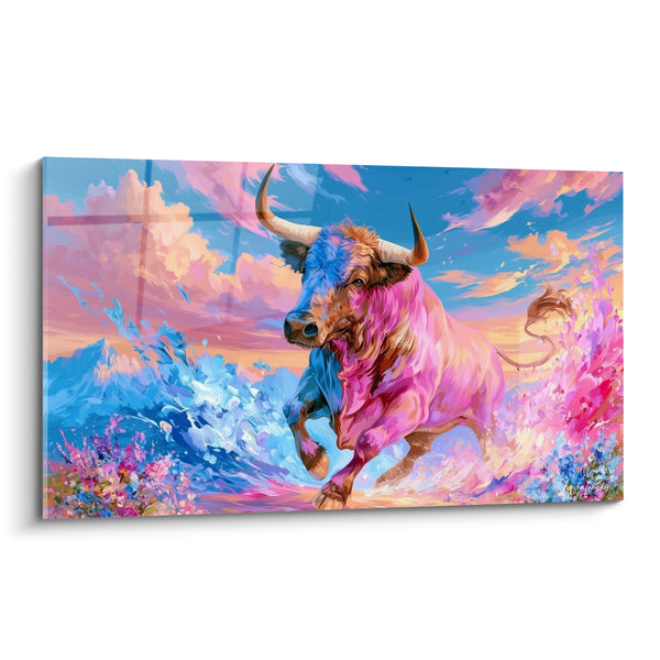 Tableau Taureau rose et bleu au galop parmi les fleurs - Nuages orangés au loin - Edition Taureau