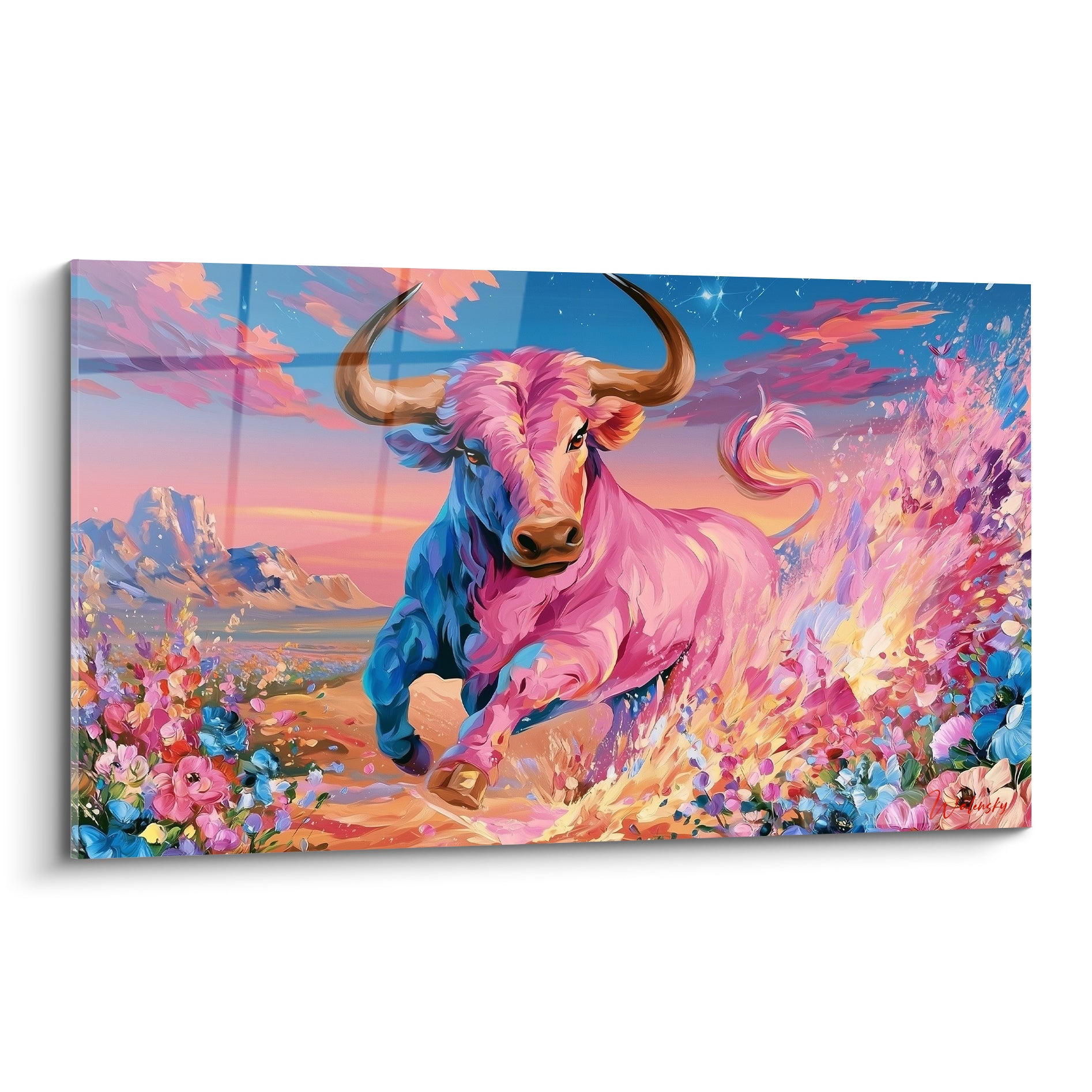 Taureau rose et bleu au galop parmi des fleurs multicolores sous un ciel crépusculaire étoilé
