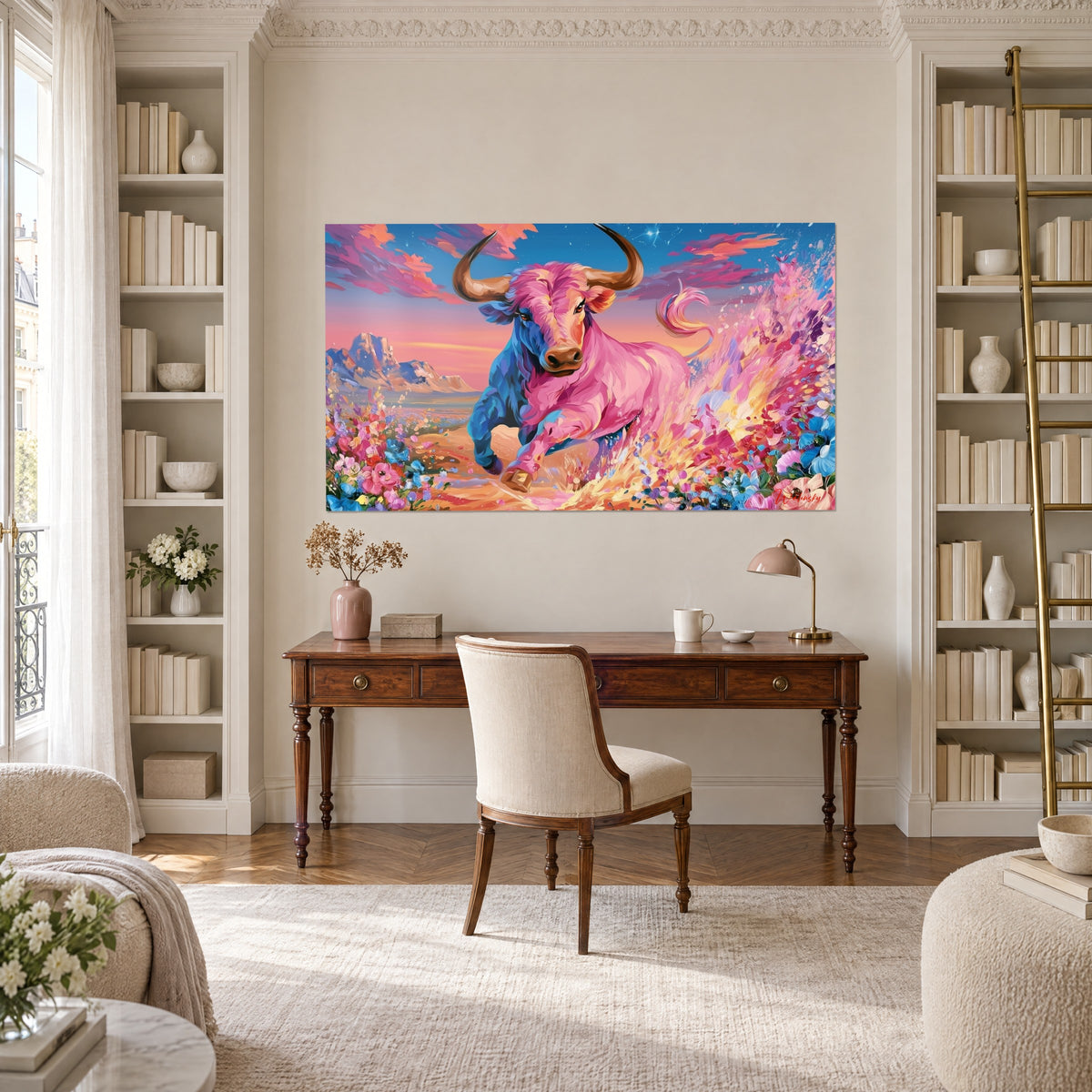 Cuadro de un búfalo rosa de cuernos marrones, salpicaduras de pintura naranja y flores azules, sobre un escritorio de madera
