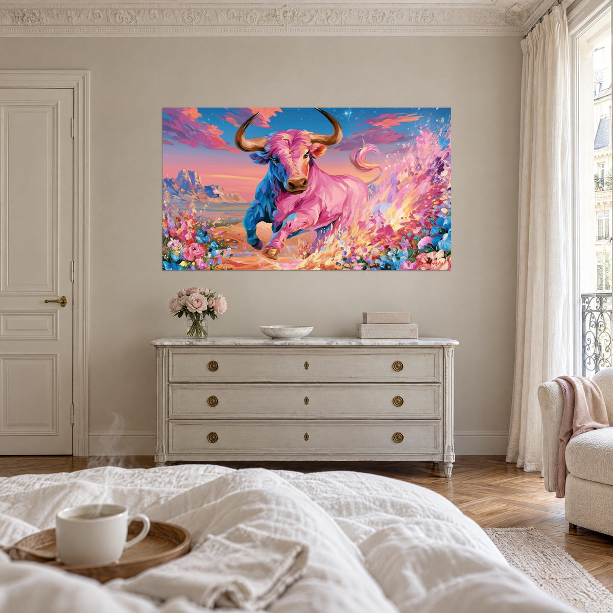 Cuadro de un animal cornudo rosa con cola enroscada y cielo violeta, sobre una cama en un dormitorio claro