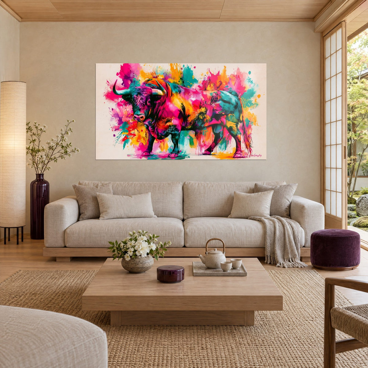 Wall art of a massive bull with fuchsia pink and turquoise splashes, ivory horns, hung above a sofa in a bright living room