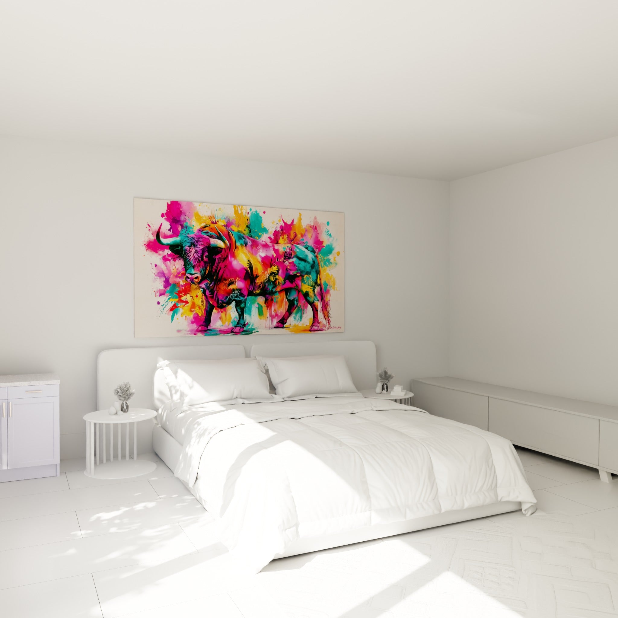 Silhouette de taureau rose et turquoise éclatée de couleurs, accrochée au-dessus d'un lit dans une chambre claire