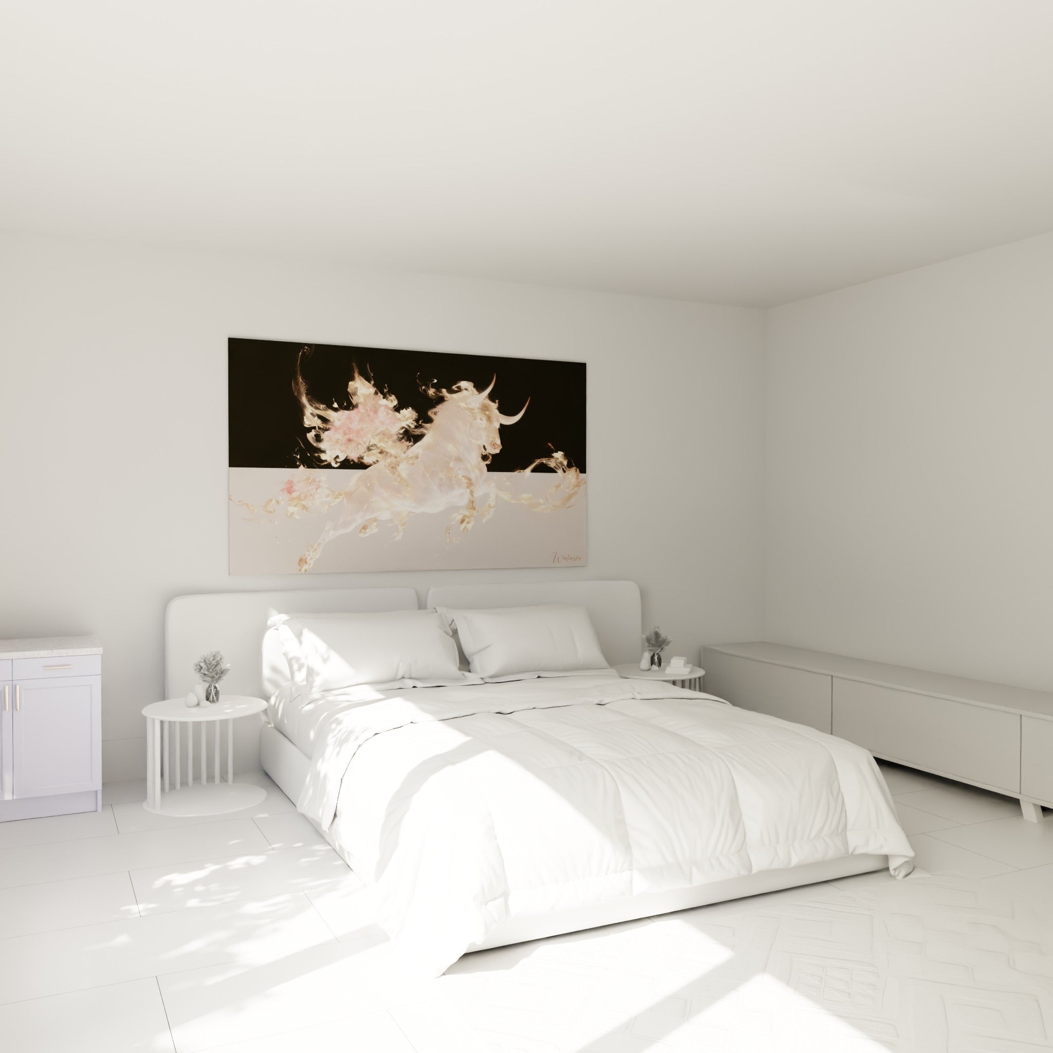 Silhouette nacrée du Taureau doré et rose accrochée au-dessus d'un lit dans une chambre claire