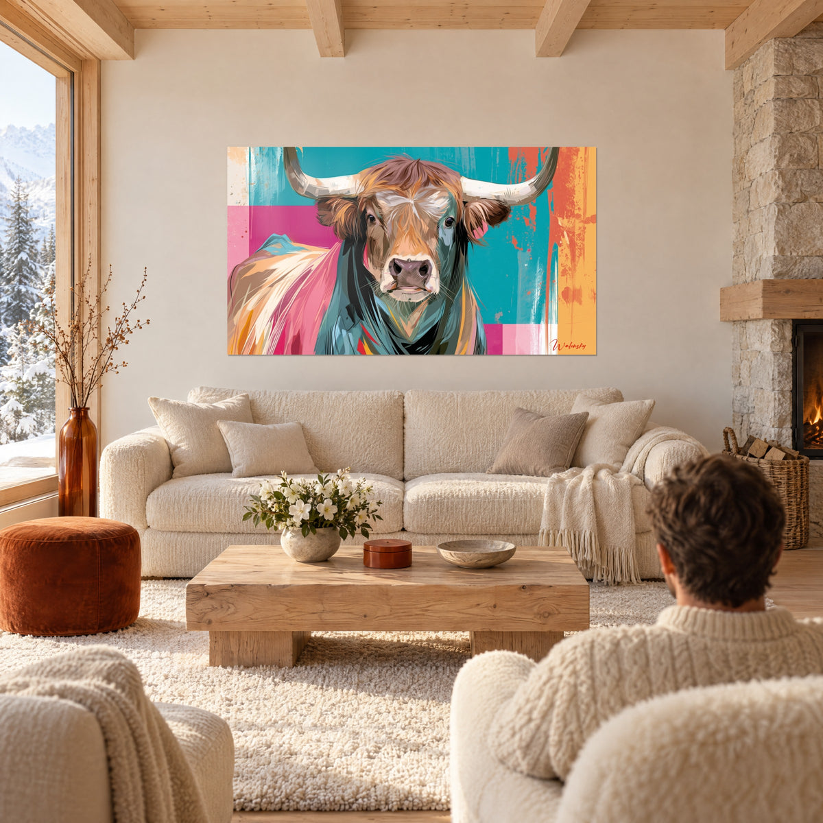 Cuadro toro de cuernos marfil, pelaje cobrizo sobre fondo turquesa y rosa, mirada frontal, encima de un sofá en un salón luminoso