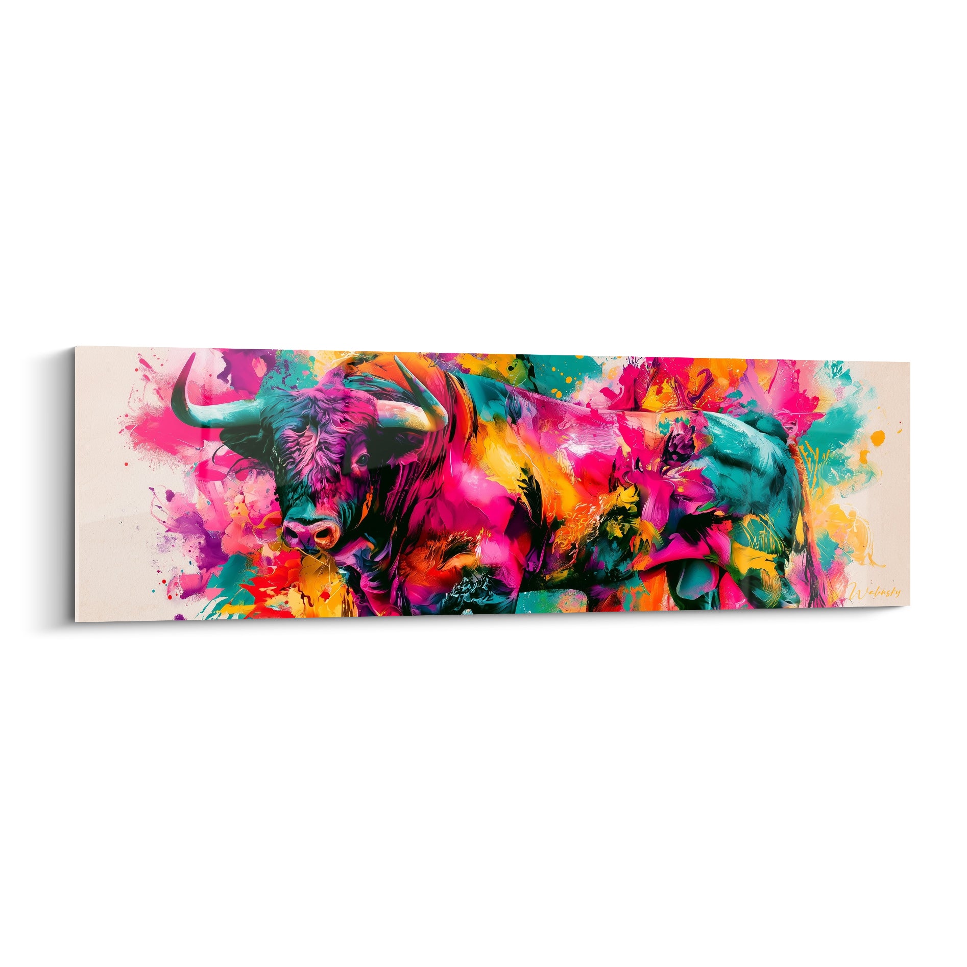Taureau aux cornes claires, corps éclaboussé de rose fuchsia et turquoise, style aquarelle vive