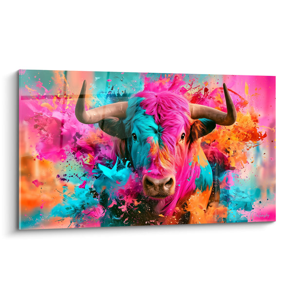 Tableau Taureau aux cornes roses et turquoise - Explosion pigmentée - Edition Taureau