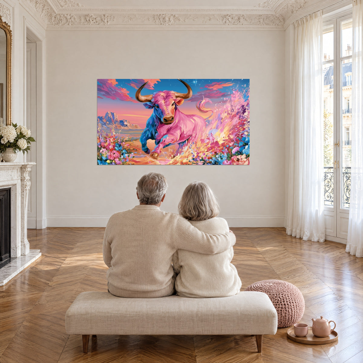 Cuadro de un toro saltando en rosa y azul cobalto, cielo rosado y pétalos vivos, frente a una pareja sentada en un salón estilo haussmanniano