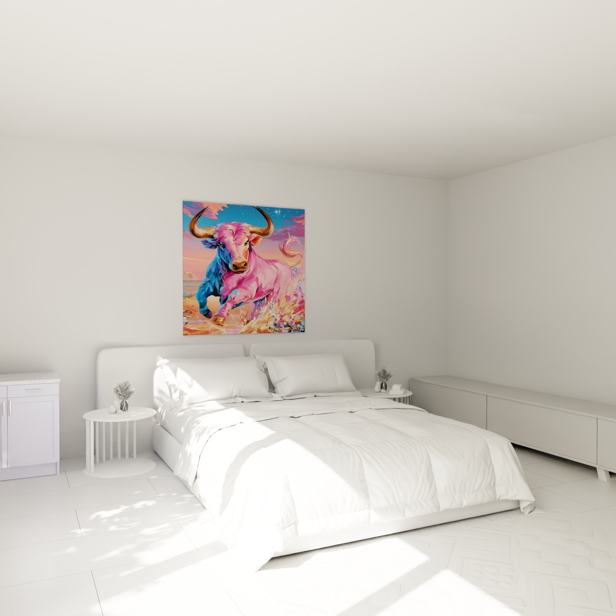 Taureau rose vif aux reflets orangés bondissant, accroché au-dessus d'un lit dans une chambre claire