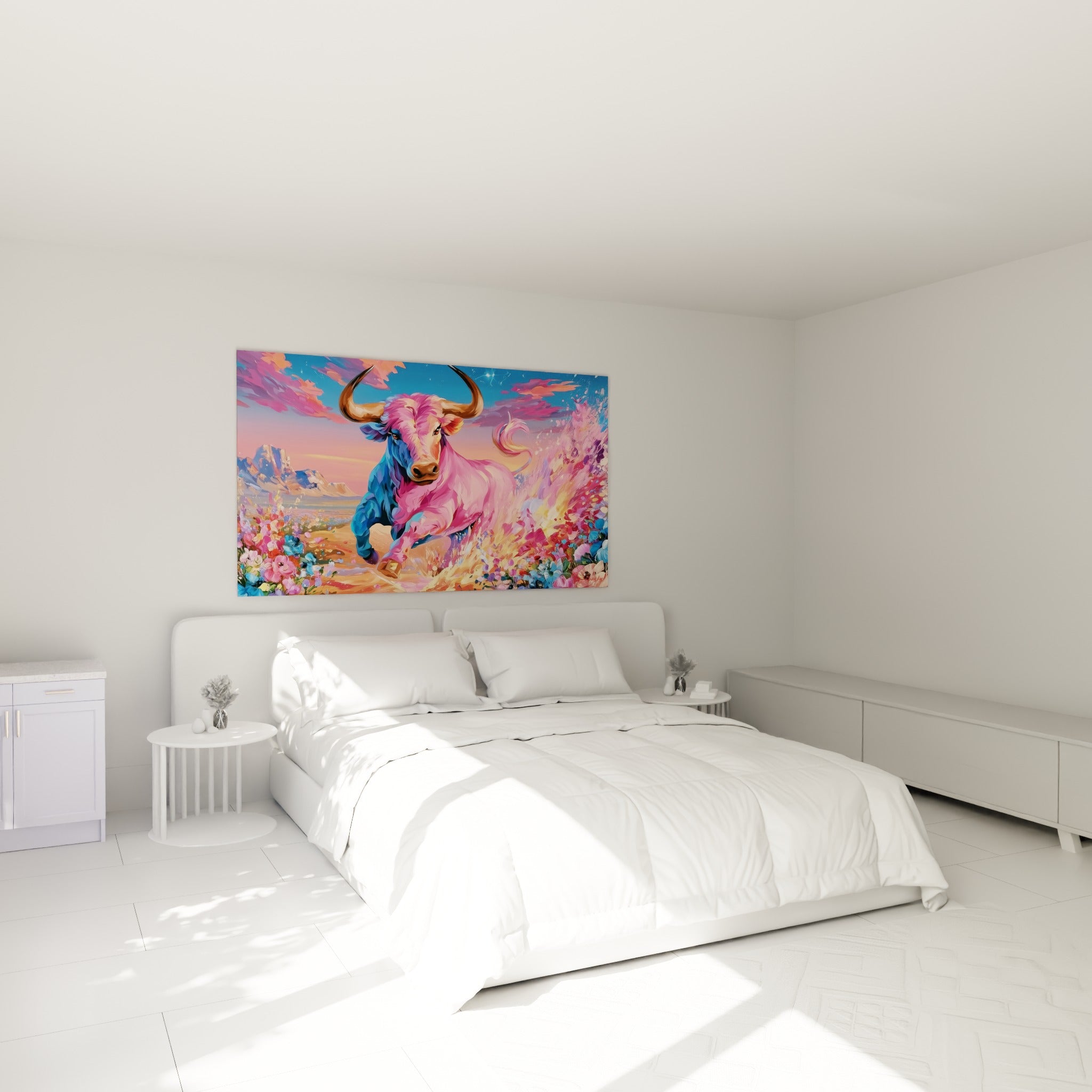 Créature cornue rose et turquoise en pleine course florale, accrochée au-dessus d'un lit dans une chambre claire