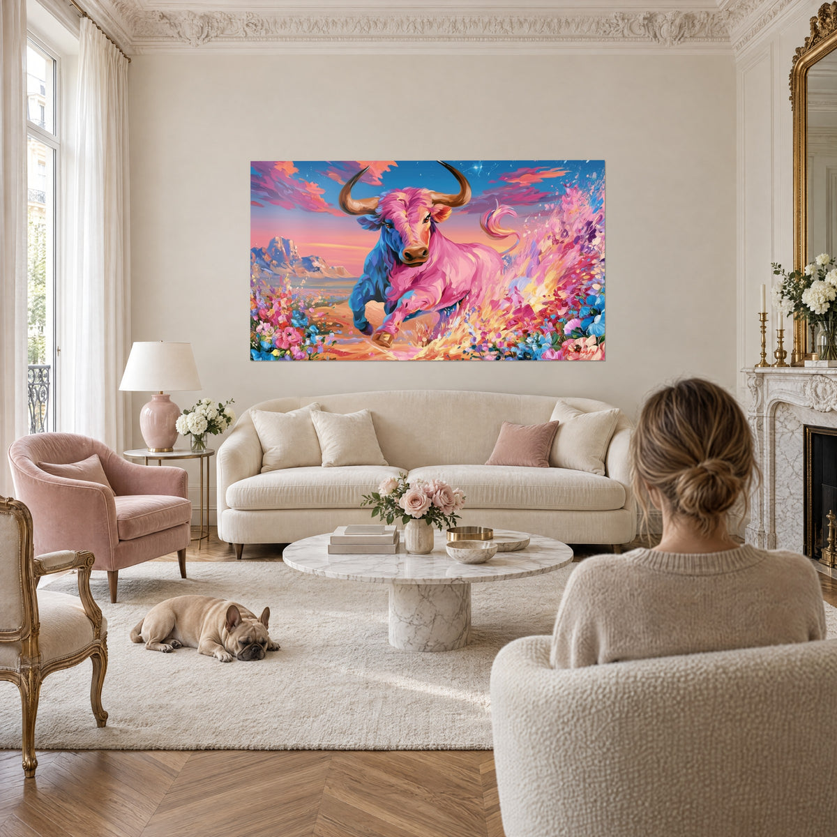 Cuadro de un toro rosa de cuernos dorados galopando entre flores azules y coral, sobre un sofá en un salón luminoso