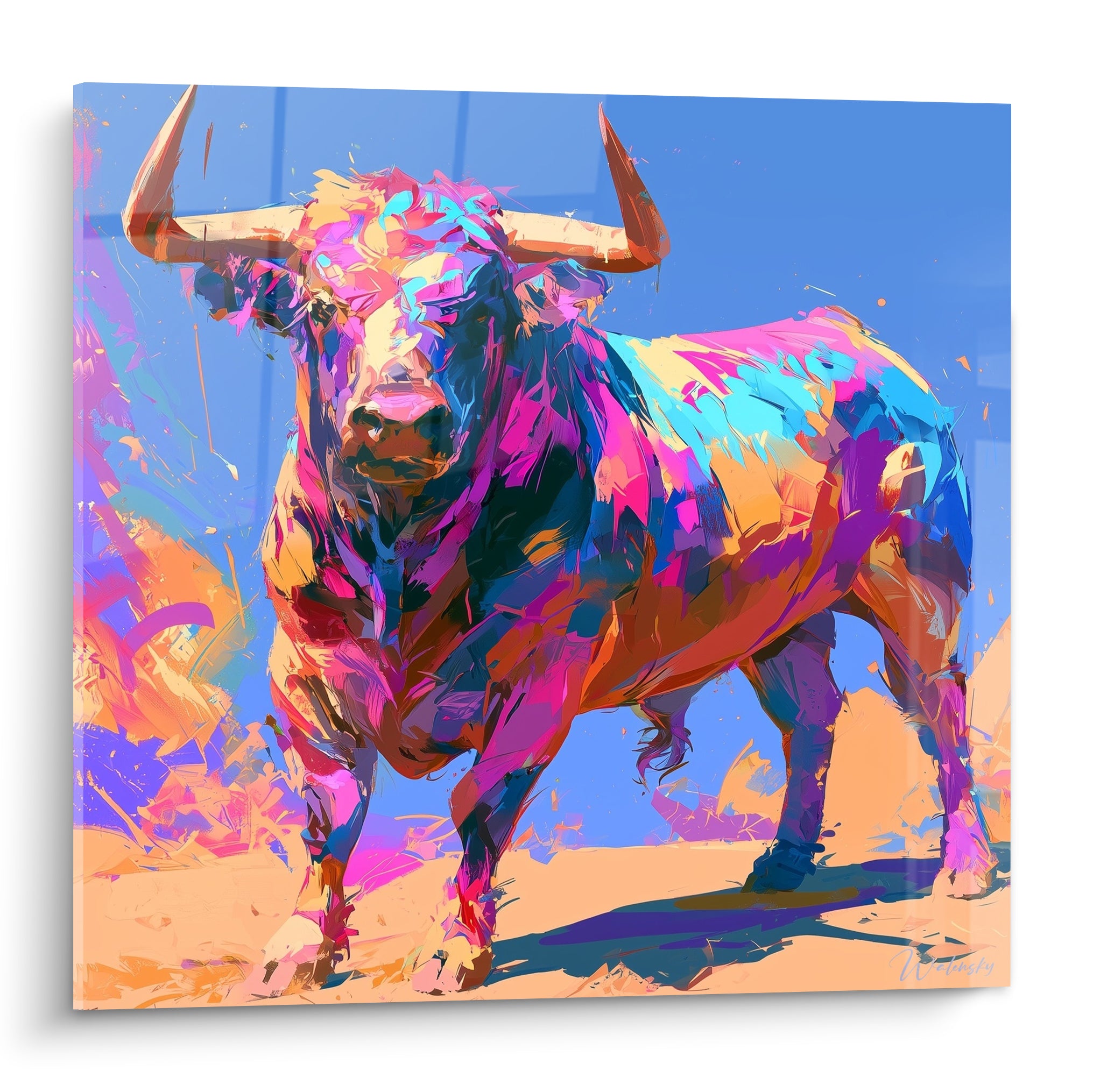 Taureau massif aux cornes claires, pelage rose fuchsia et turquoise sur fond bleu vif