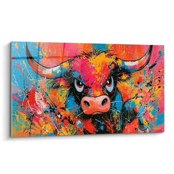 Tableau Taureau rose et bleu aux éclaboussures - Instinct sauvage - Edition Taureau