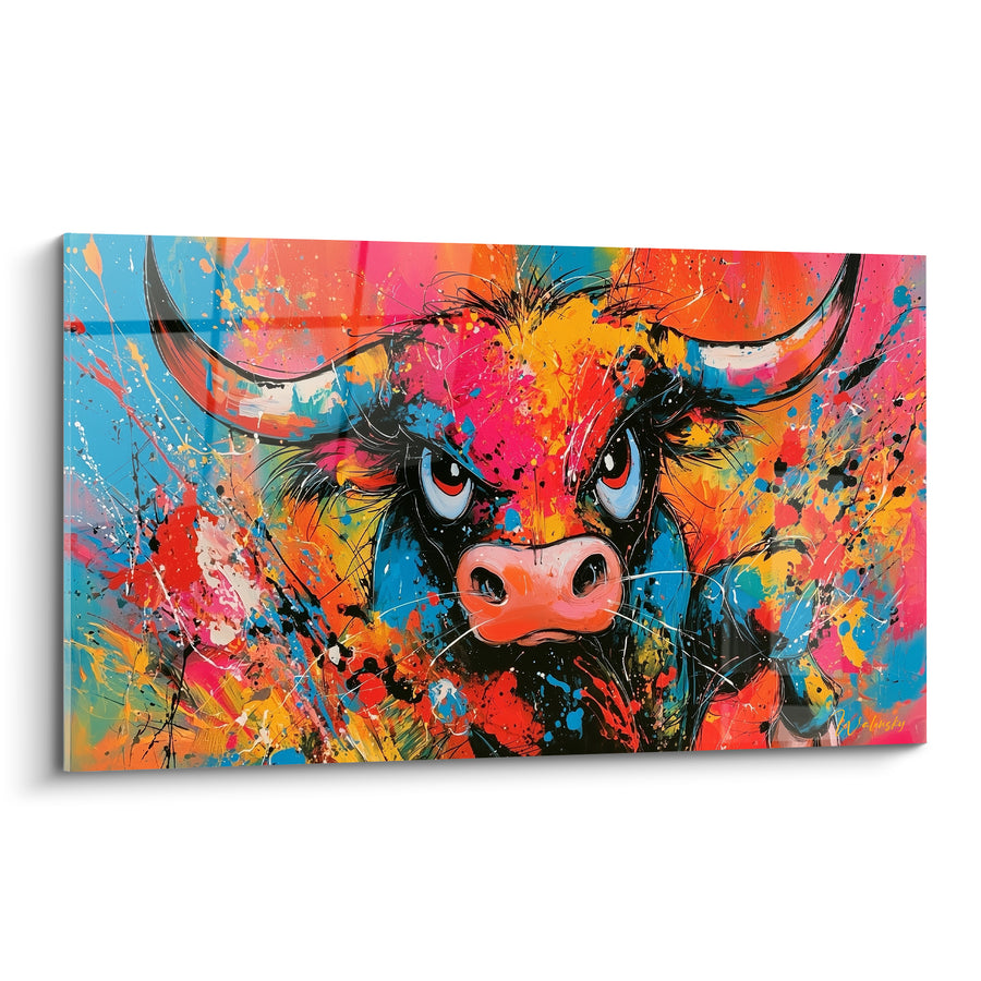 Tableau Taureau rose et bleu aux éclaboussures - Instinct sauvage - Edition Taureau