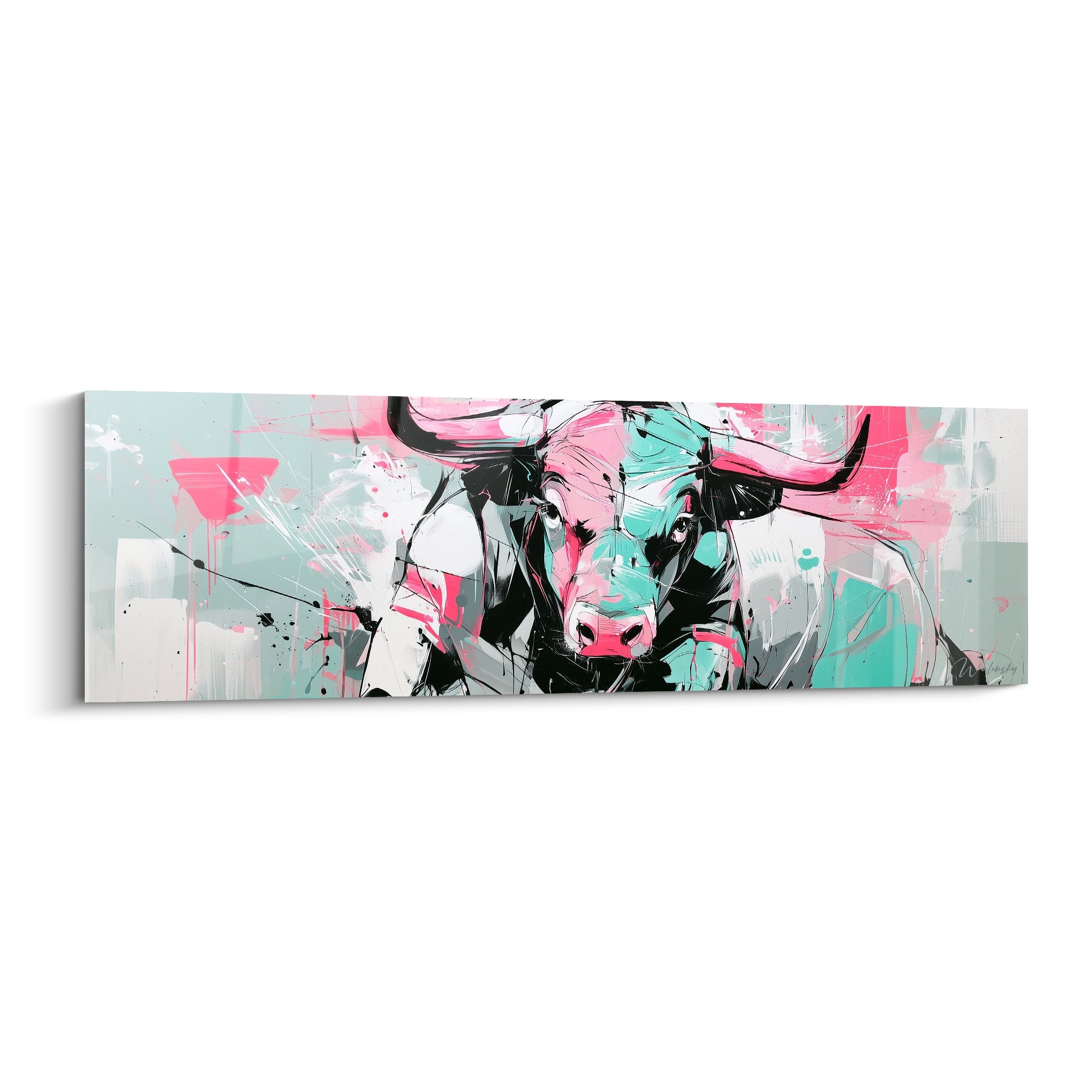 Taureau rose et vert menthe au regard frontal, cornes déployées, style graffiti expressif