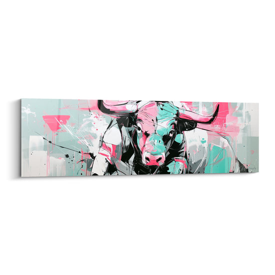 Taureau rose et vert menthe au regard frontal, cornes déployées, style graffiti expressif