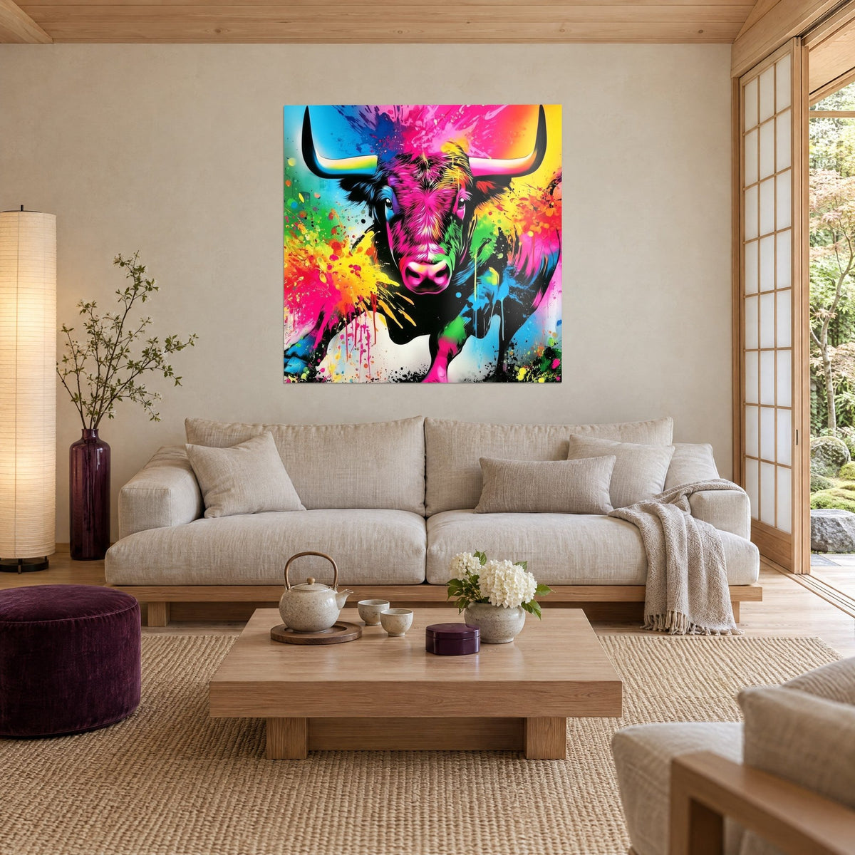 Wall art of a bull with a fuchsia muzzle and green fur splashed with yellow, black horns, above a sofa in a bright living room