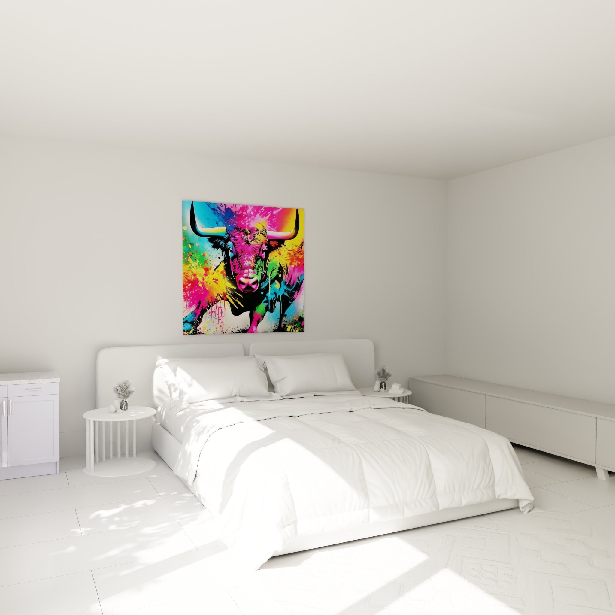 Museau rose et vert du taureau éclaté en couleurs, accroché au-dessus d'un lit dans une chambre claire