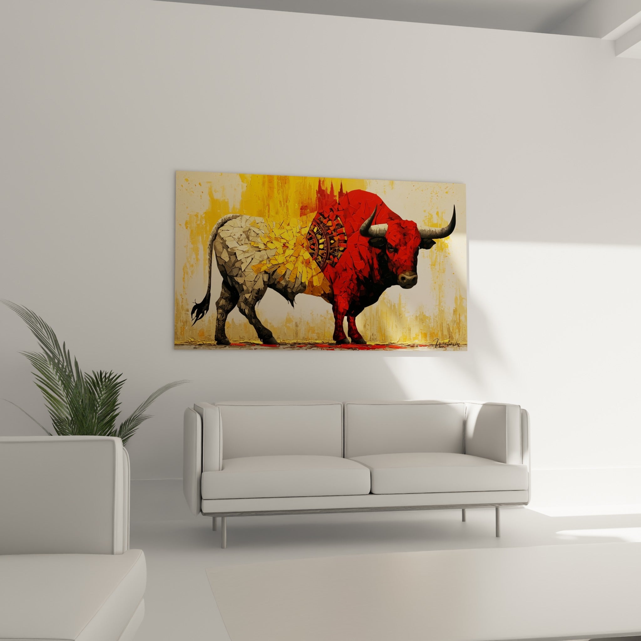 Animal fragmenté rouge et gris aux cornes acérées, disposé au-dessus d'un canapé dans un salon lumineux