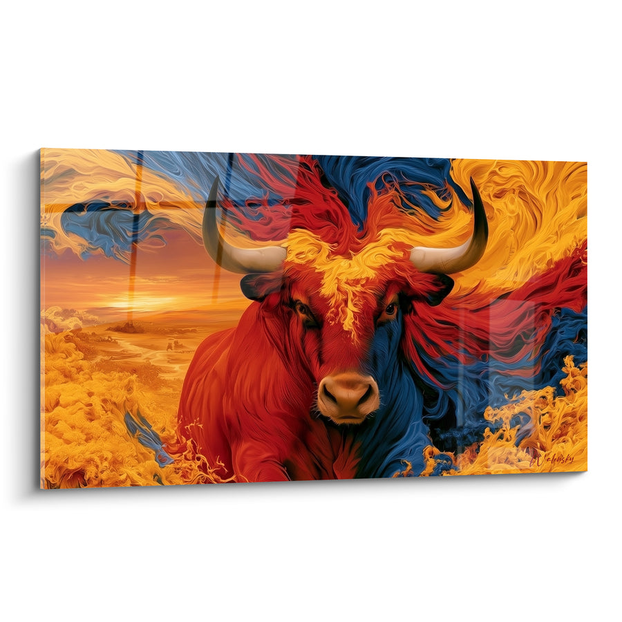 Tableau Taureau rouge et bleu au pelage tourbillonnant - Horizon doré au couchant - Edition Taureau