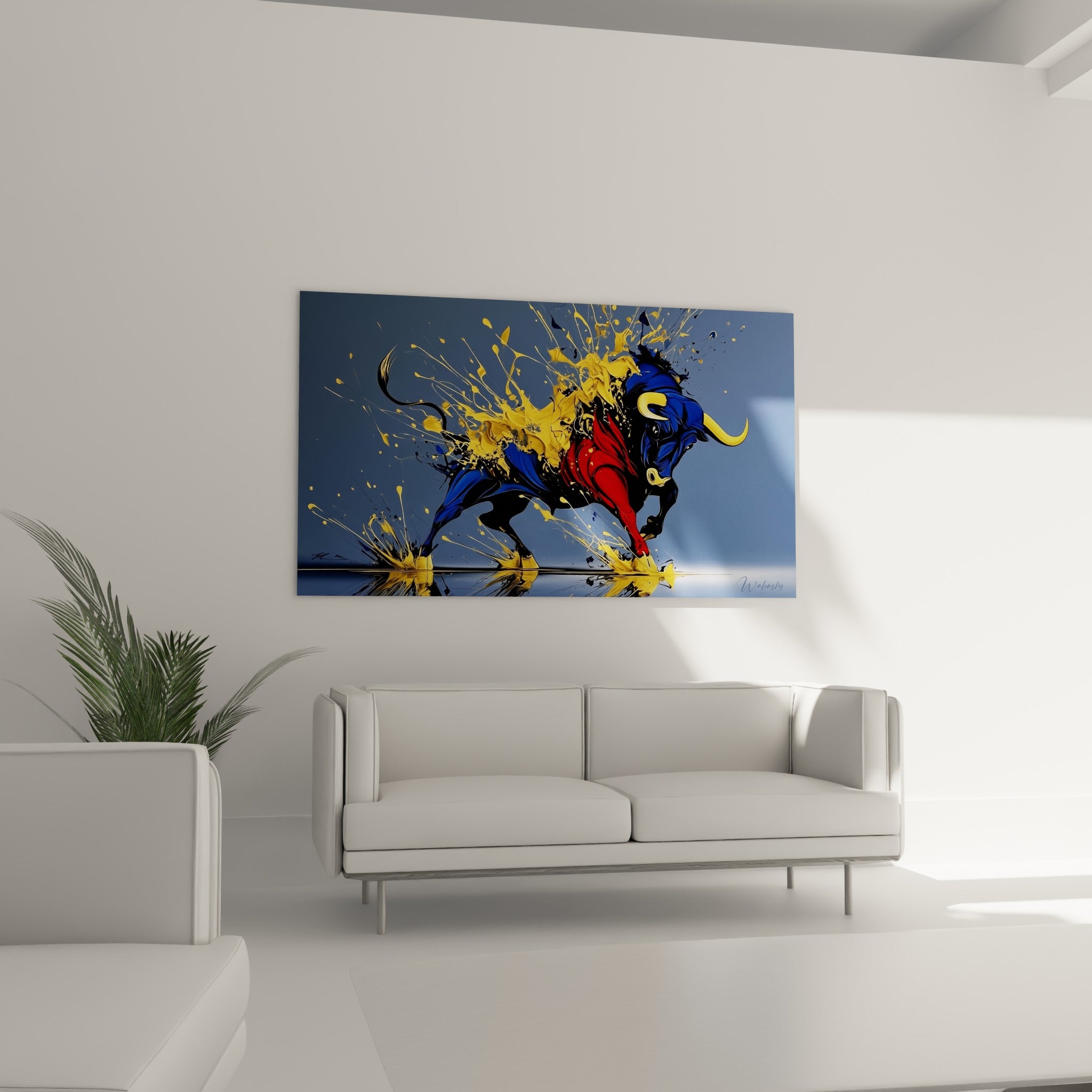 Silhouette rouge et bleu marine du taureau jaillissant d'éclats dorés, au-dessus d'un canapé dans un salon lumineux