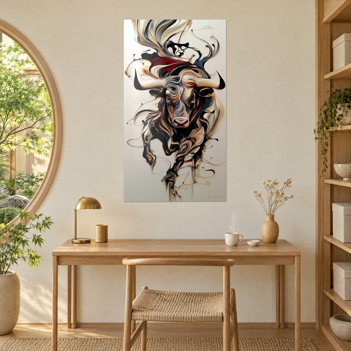 Quadro sagoma di toro focoso, colature nere e rosso intenso su fondo crema, sopra una scrivania in legno chiaro accanto a una finestra rotonda