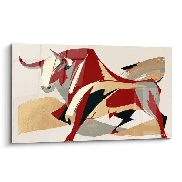 Tableau Taureau rouge et doré aux facettes tranchantes - Silhouette anguleuse animale - Edition Taureau