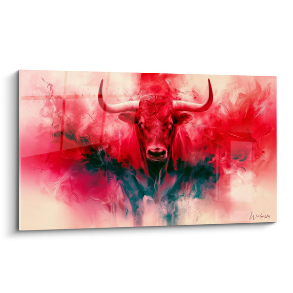 Tableau Longhorn rouge et vert aux volutes fumées - Cornes ivoire acérées - Edition Taureau