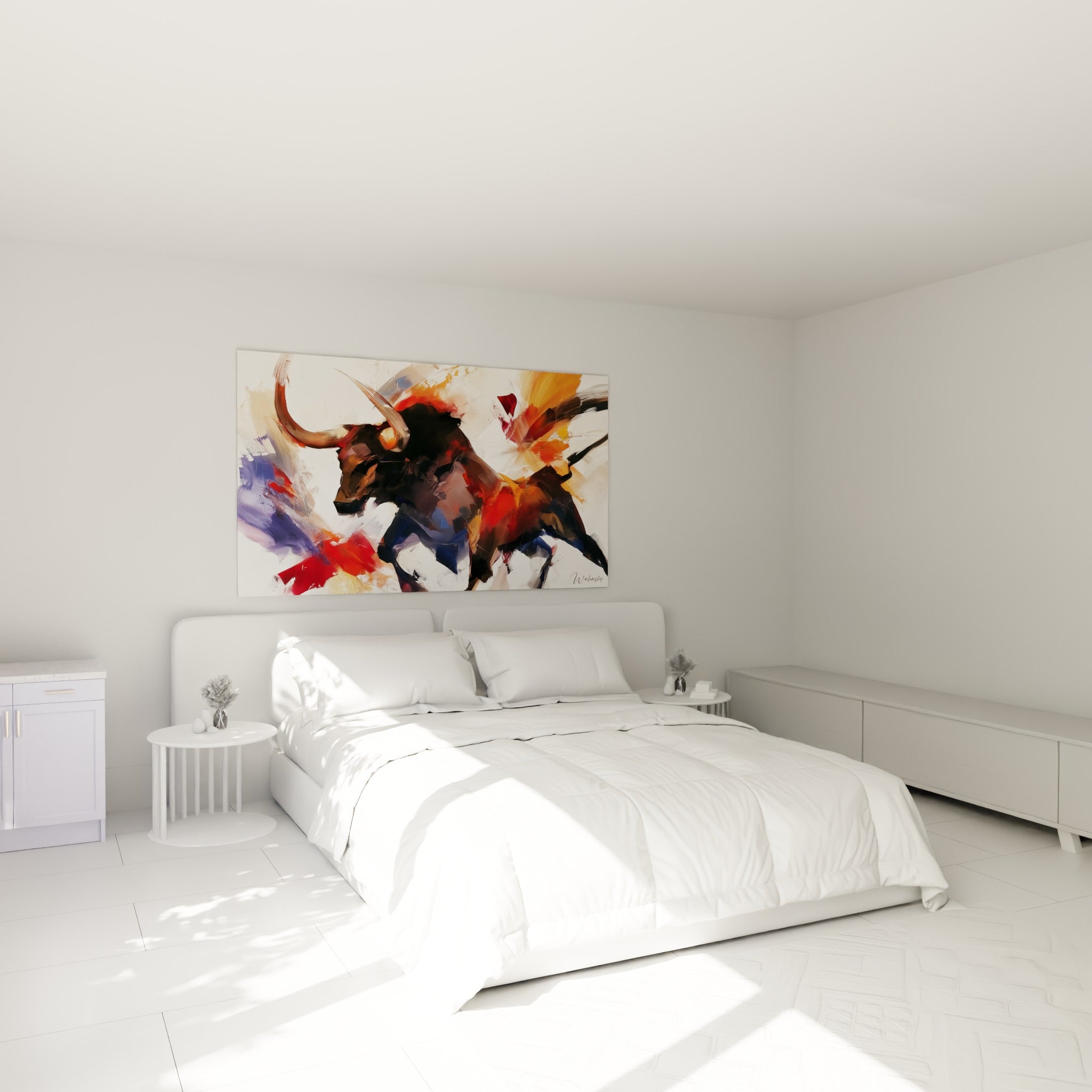 Silhouette de taureau noir et rouge écarlate au-dessus d'un lit dans une chambre claire