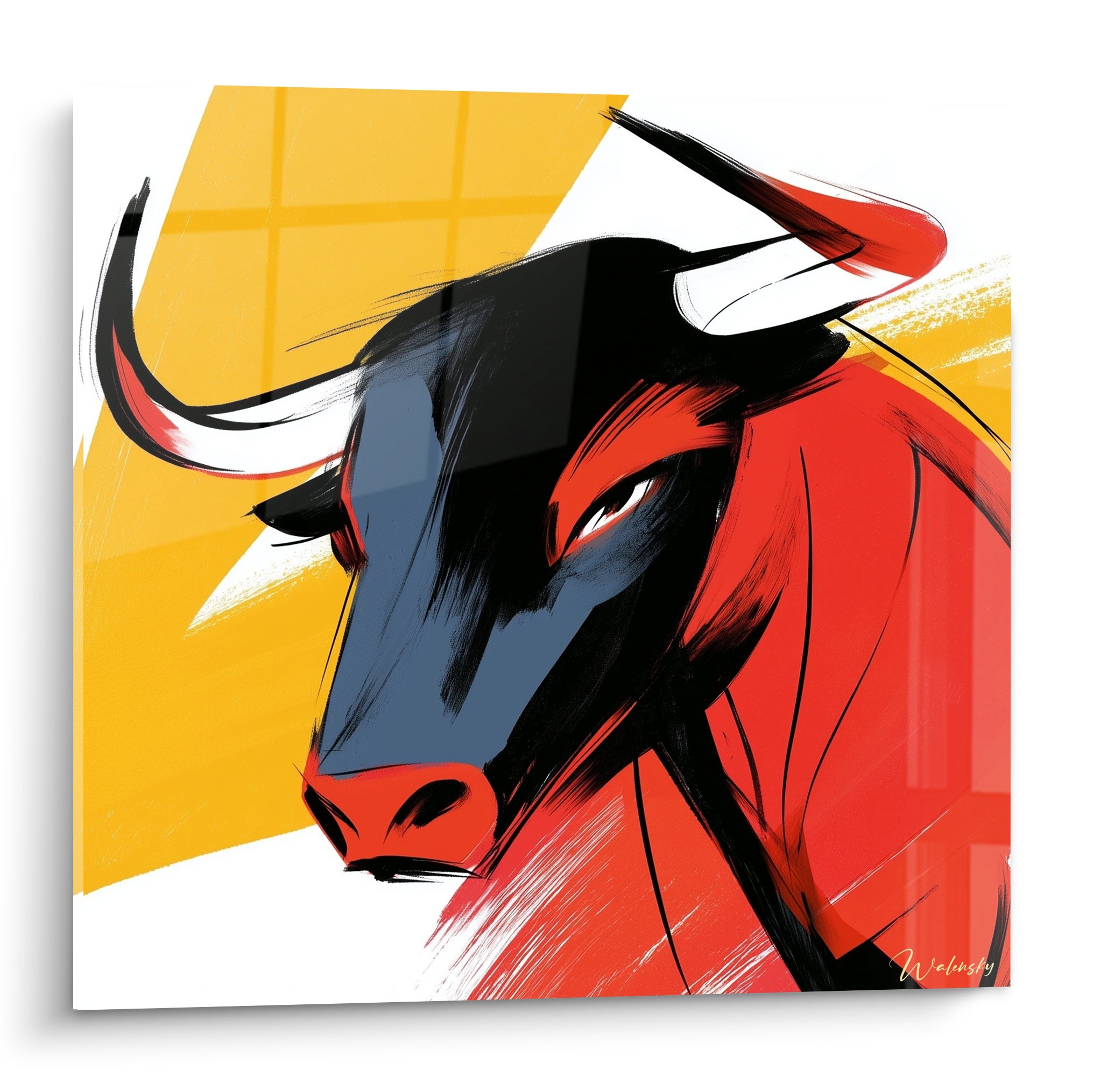 Taureau rouge fauve aux cornes blanches, museau bleu ardoise, fond jaune graphique intense