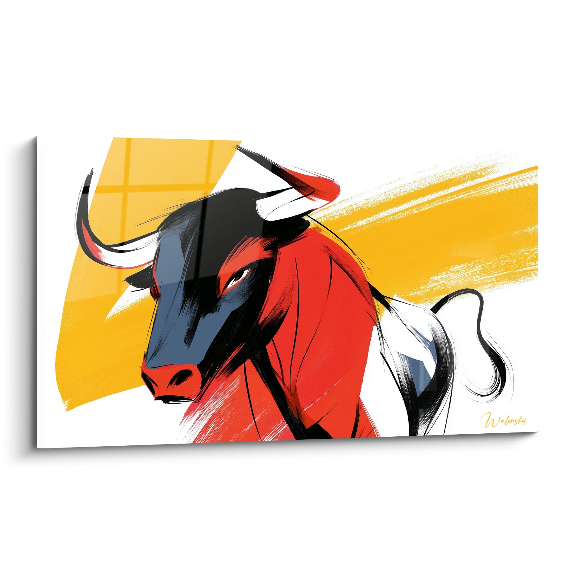 Taureau graphique rouge et jaune moutarde, cornes blanches, regard perçant sur fond blanc.