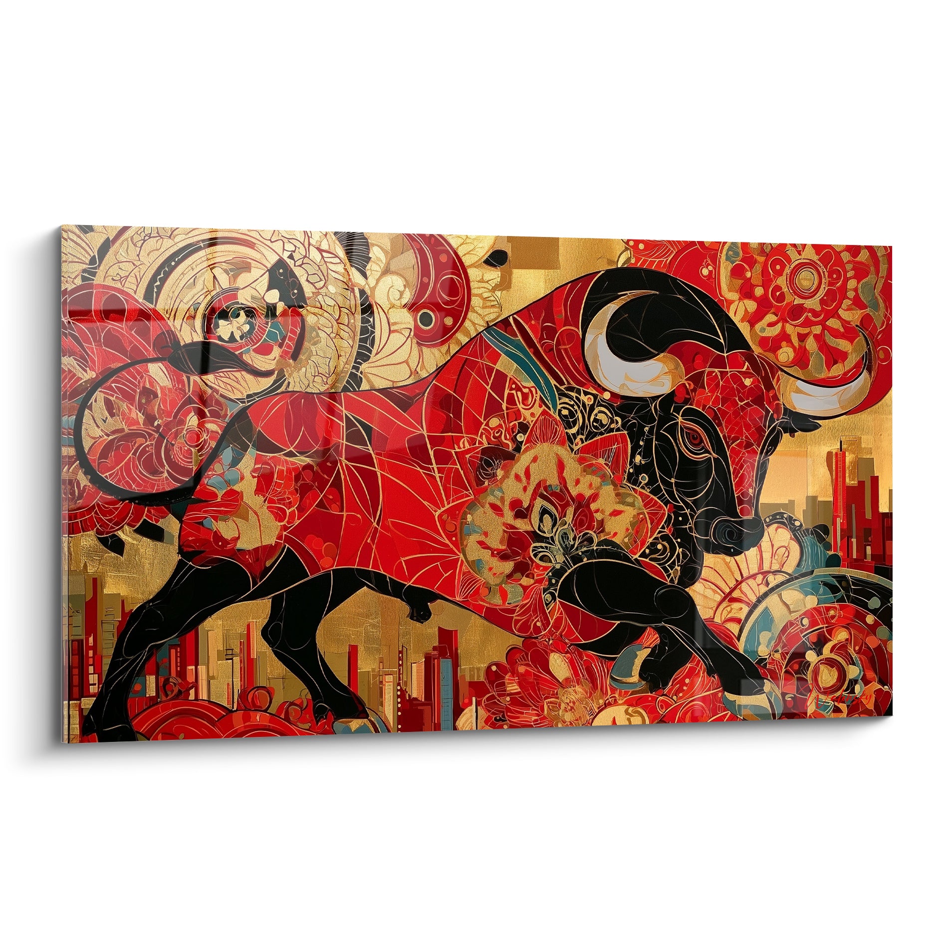Taureau noir et rouge cornes recourbées, motifs floraux dorés, style vitrail graphique intense