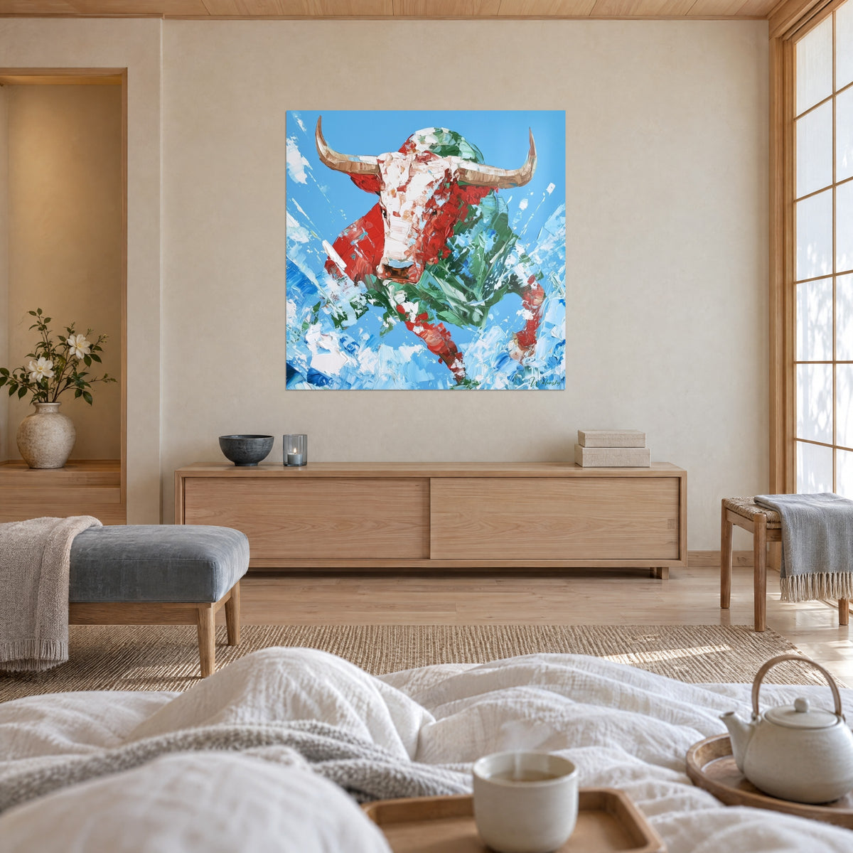 Quadro di una bestia cornuta rossa, bianca e verde lanciata tra schizzi blu, sopra un letto in una camera luminosa