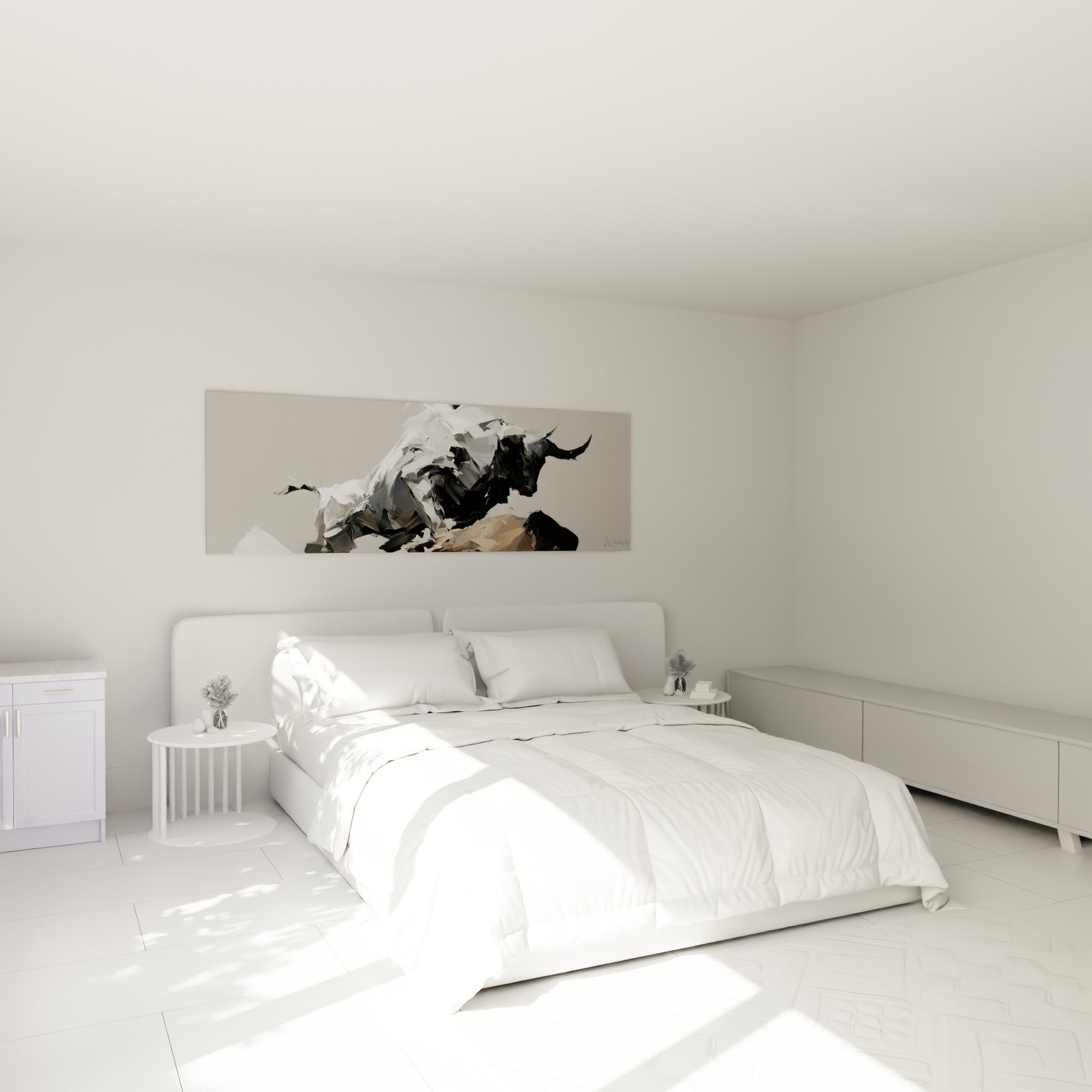 Silhouette de taureau noir et sable au-dessus d'un lit dans une chambre claire