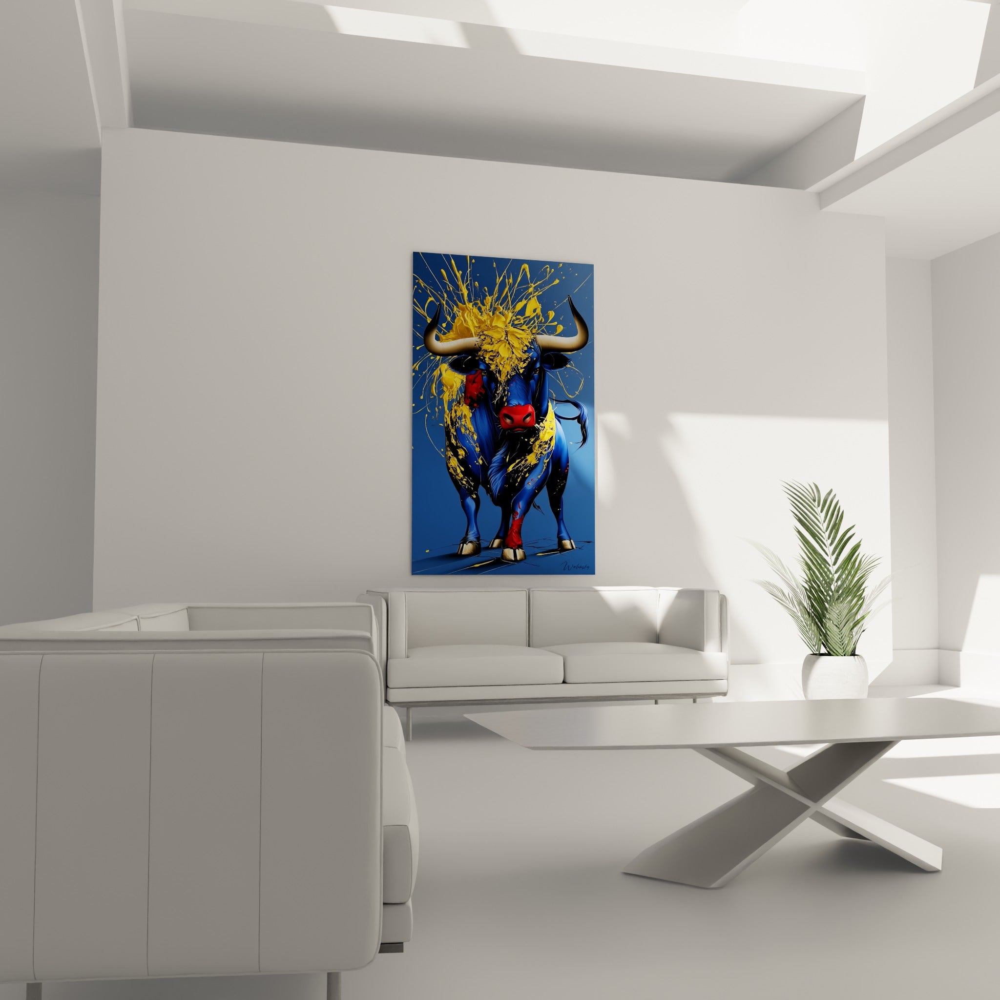 Museau rouge intense et sabots dorés du taureau bleu, placé au-dessus d'un canapé dans un salon lumineux