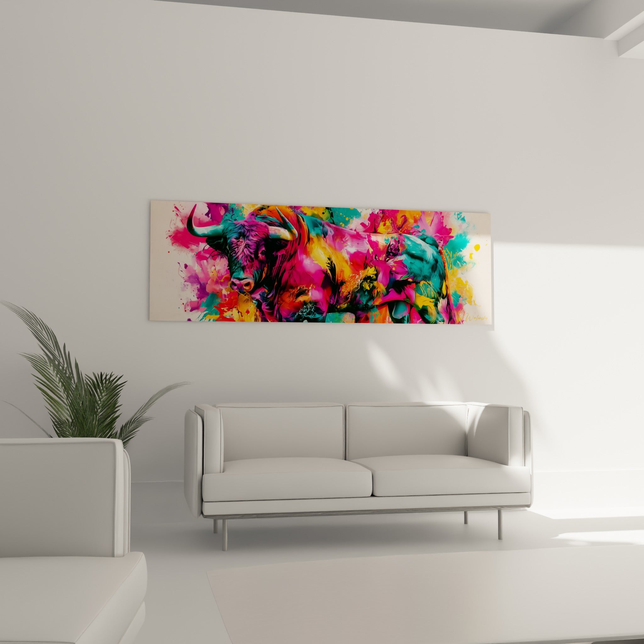 Animal puissant peint en rose fuchsia et vert d'eau, suspendu au-dessus d'un canapé dans un salon lumineux