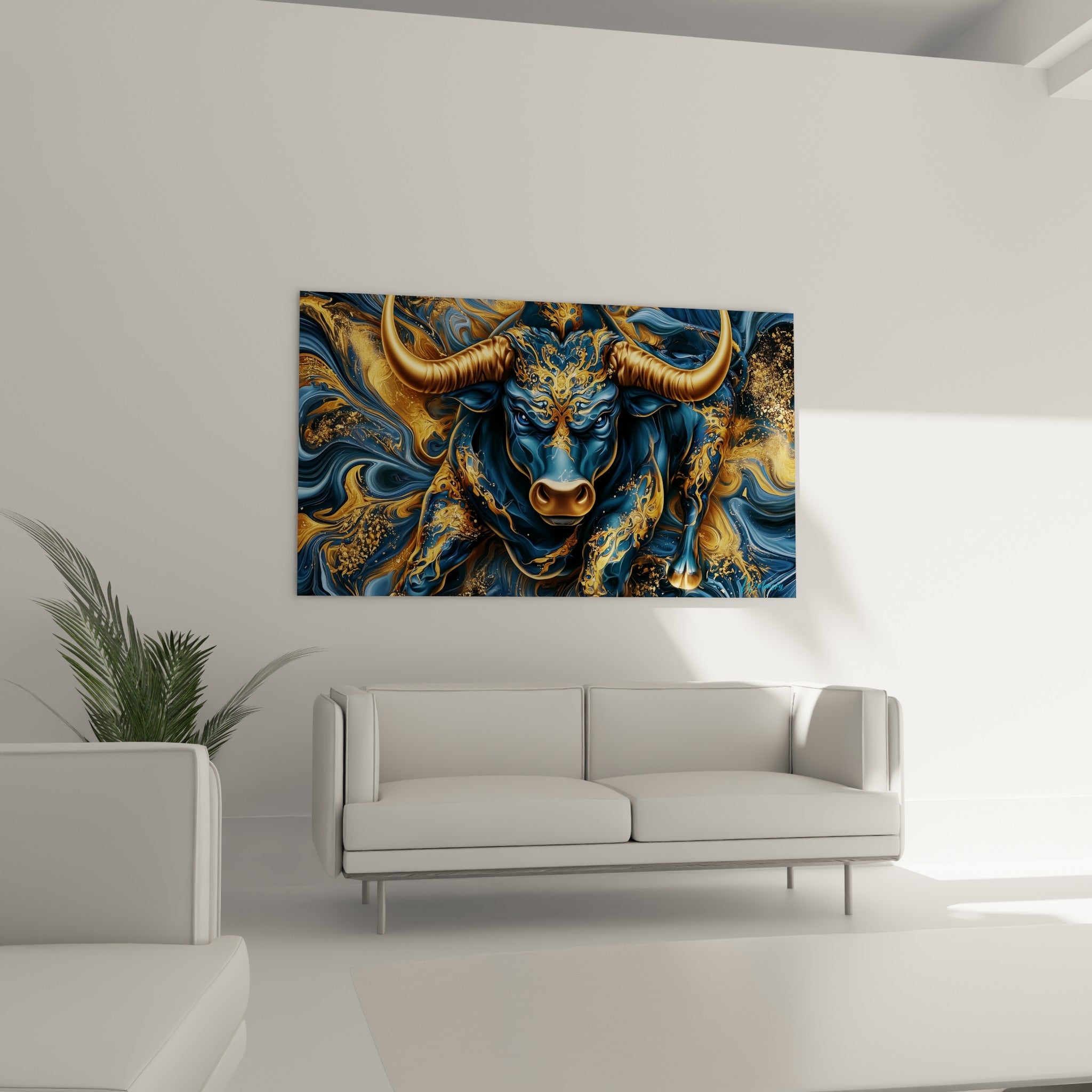 Motifs ornementaux dorés sur fond bleu marine du taureau, au-dessus d'un canapé dans un salon lumineux