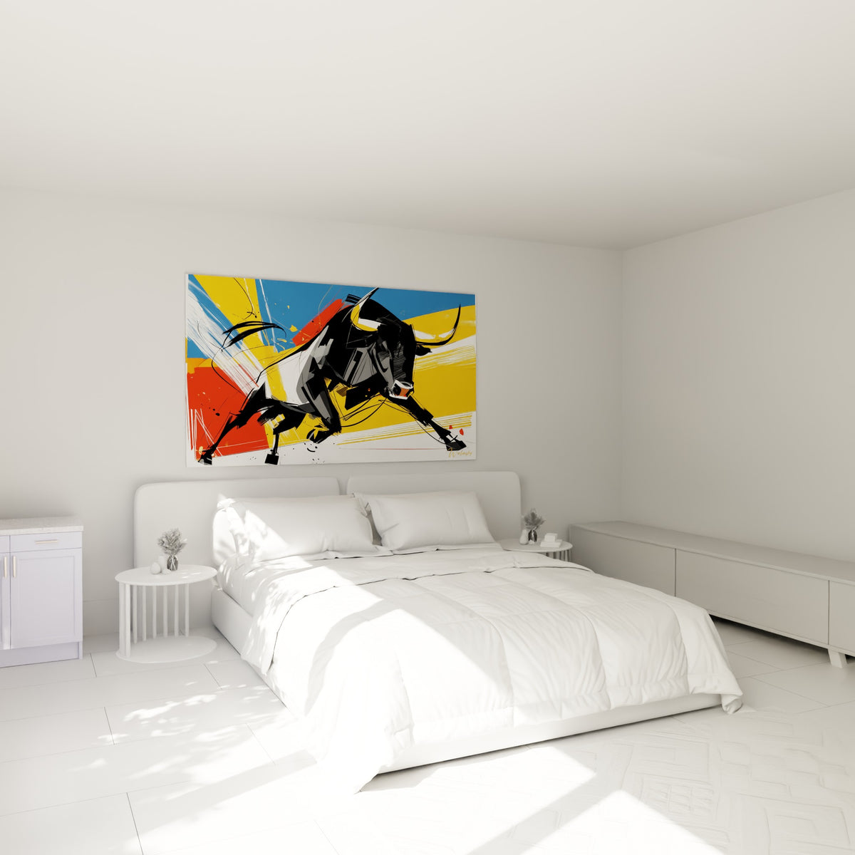 Silhouette noire du Taureau, traits nerveux et fond rouge et jaune, au-dessus d'un lit dans une chambre claire