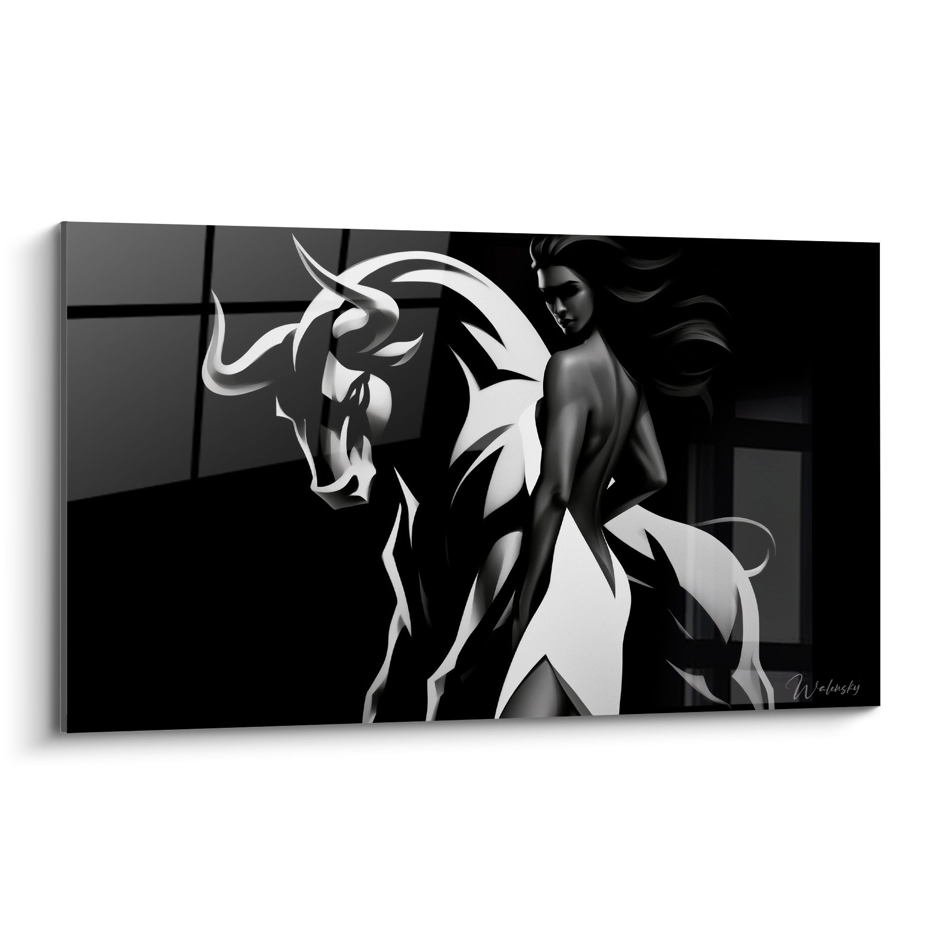 Taureau blanc aux cornes acérées et silhouette féminine noire, contraste graphique intense