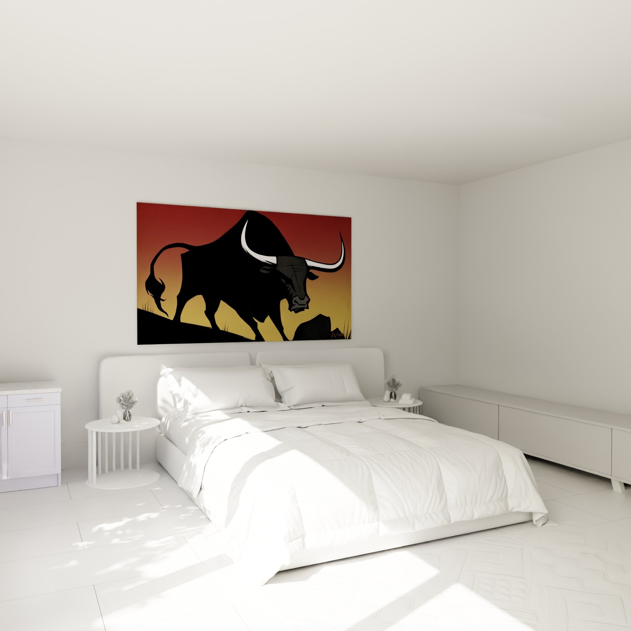 Silhouette de taureau noir et ocre accrochée au-dessus d'un lit dans une chambre claire