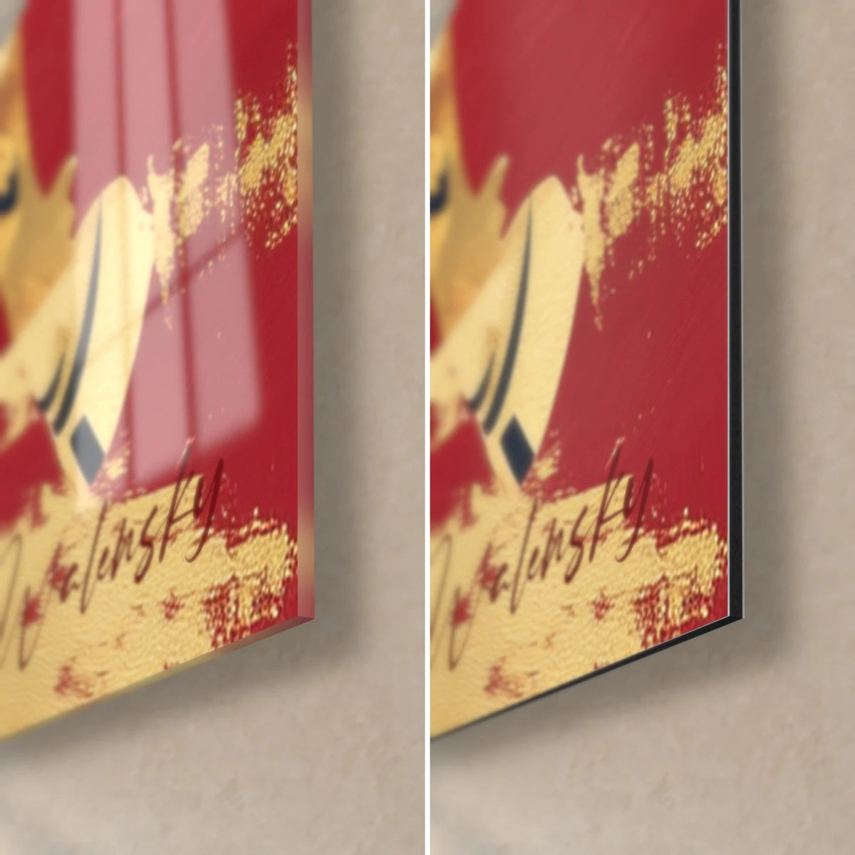 Gemälde eines goldenen Stiers, untere rechte Ecke: glänzendes Acrylglas links, mattes Dibond rechts, rote Signatur, 3 mm Kante