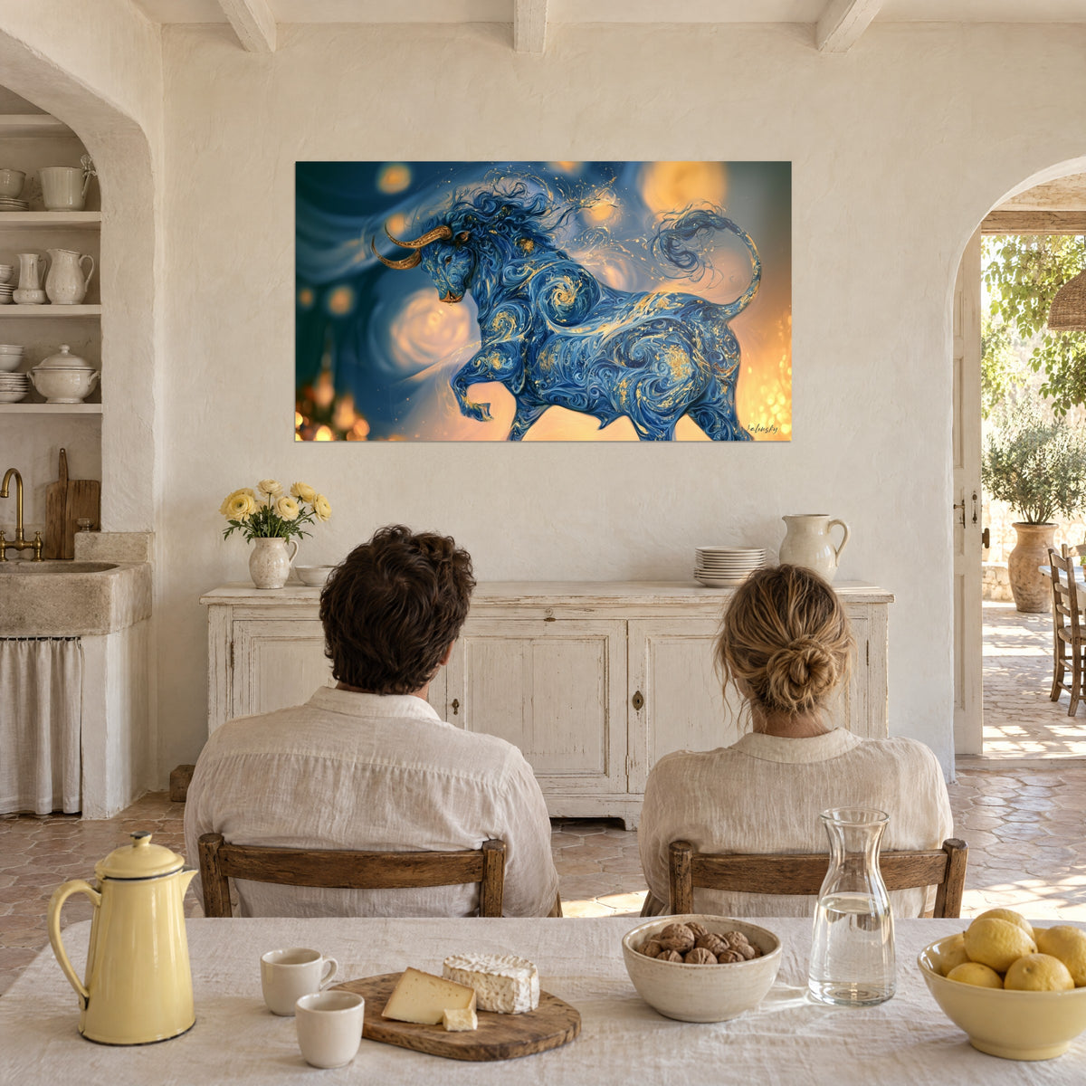 Quadro toro impennato con volute indaco e dorate, corna scolpite, sfondo ambrato, di fronte a una coppia seduta a tavola in un casale provenzale