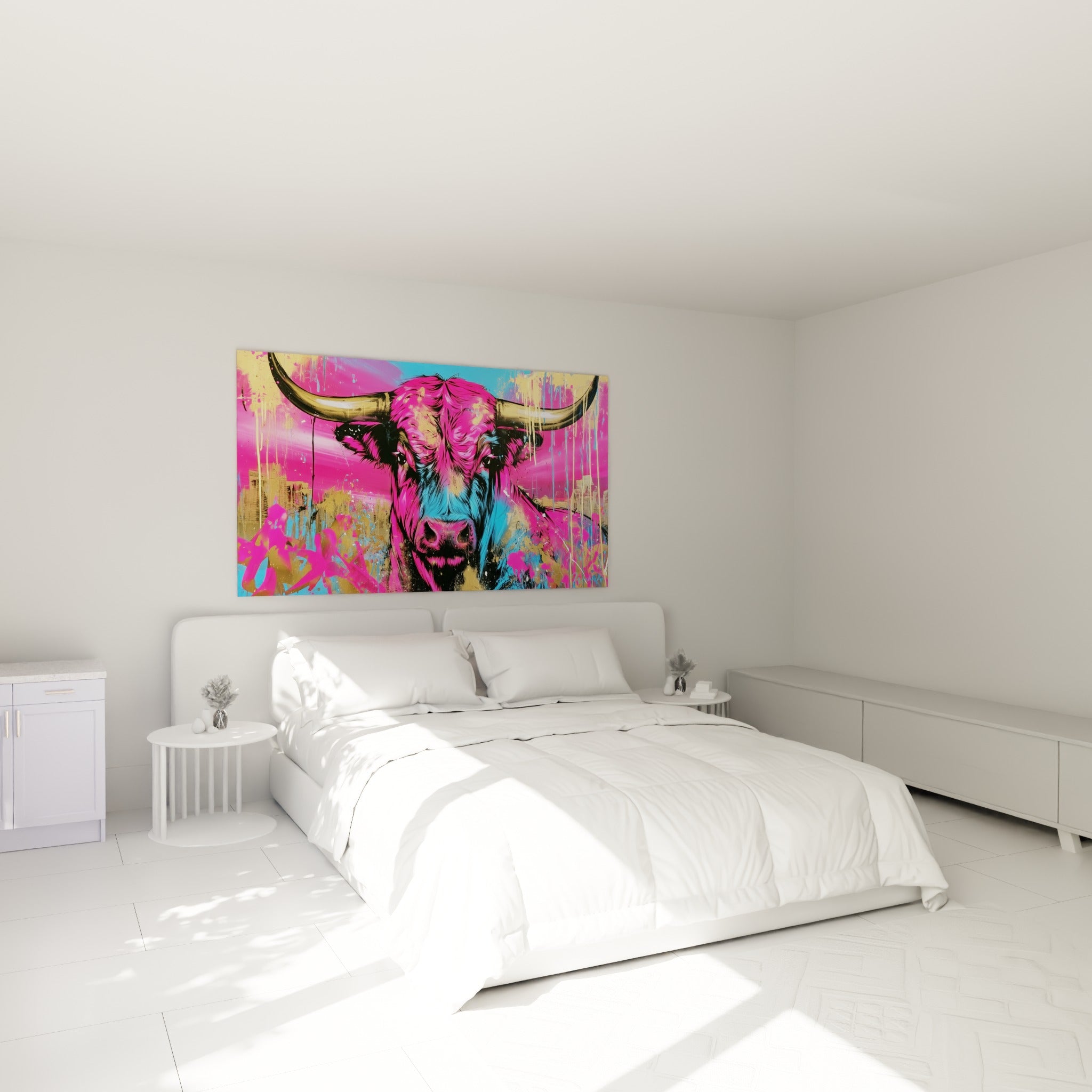 Cornes dorées et pelage fuchsia du Taureau accrochés au-dessus d'un lit dans une chambre claire
