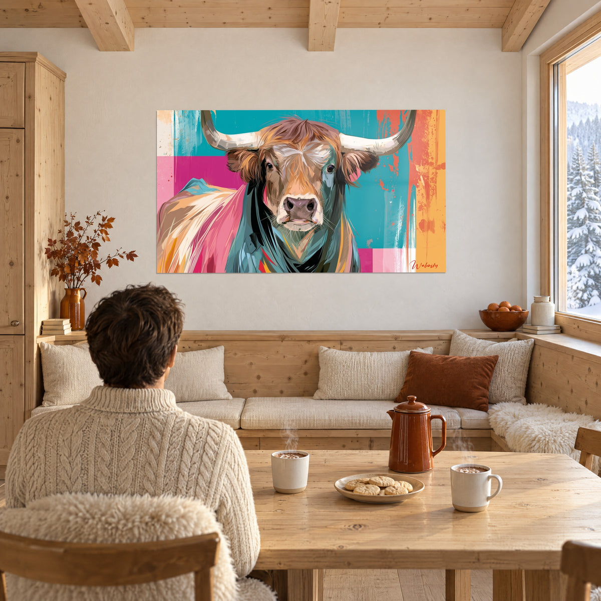 Cuadro búfalo estilizado con flequillo marrón, capa rosa y azul petróleo sobre fondo turquesa, salón de chalé con mesa de madera
