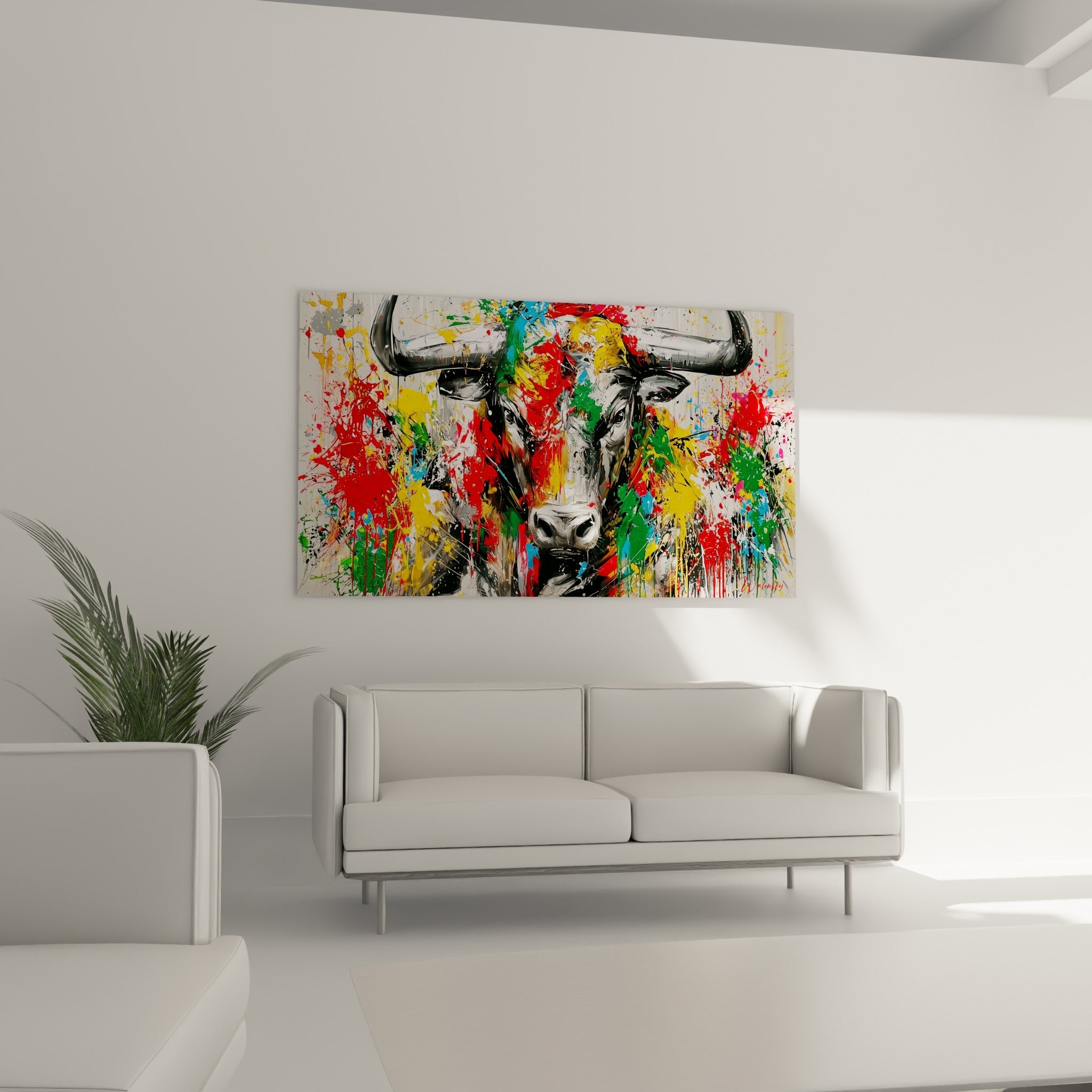 Tête de taureau expressive, éclats vert et jaune, au-dessus d'un canapé dans un salon lumineux