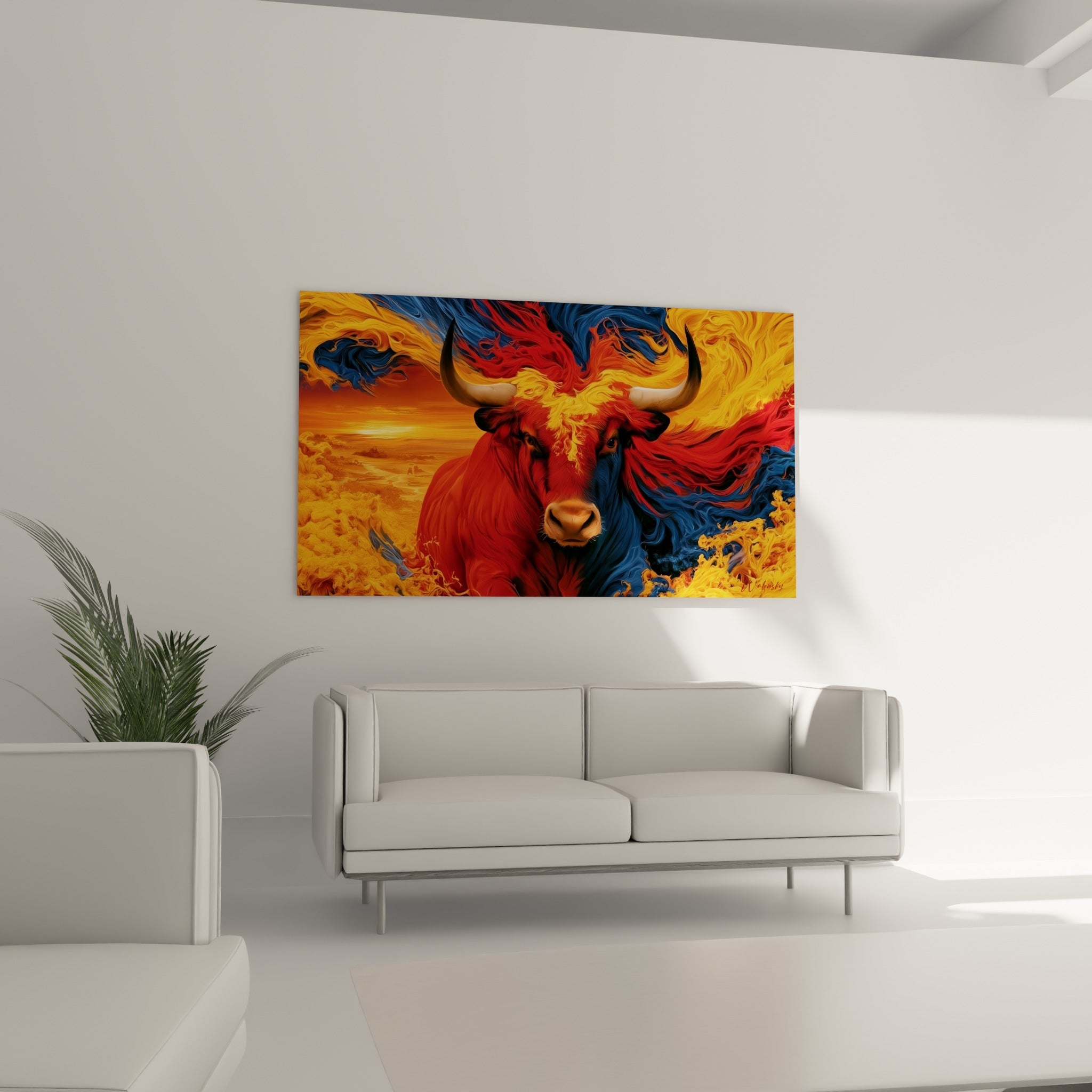 Tête bovine ardente aux teintes orangées et bleutées au-dessus d'un canapé dans un salon lumineux
