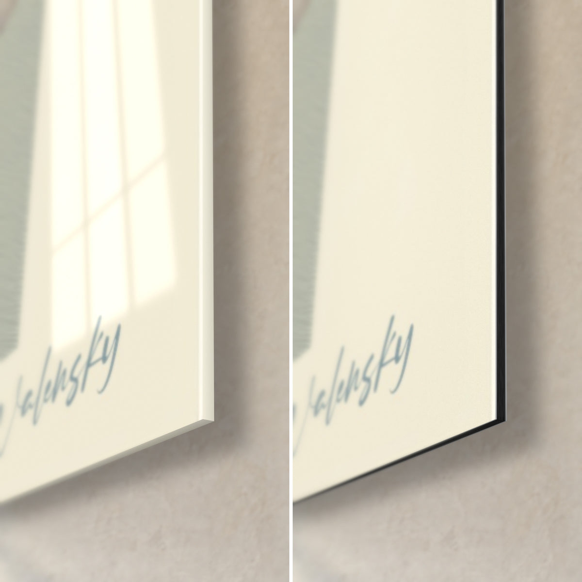 Wall art of a flowered cow, lower right corner: glossy acrylic glass with reflections on the left, matte Dibond aluminium on the right, blue signature
