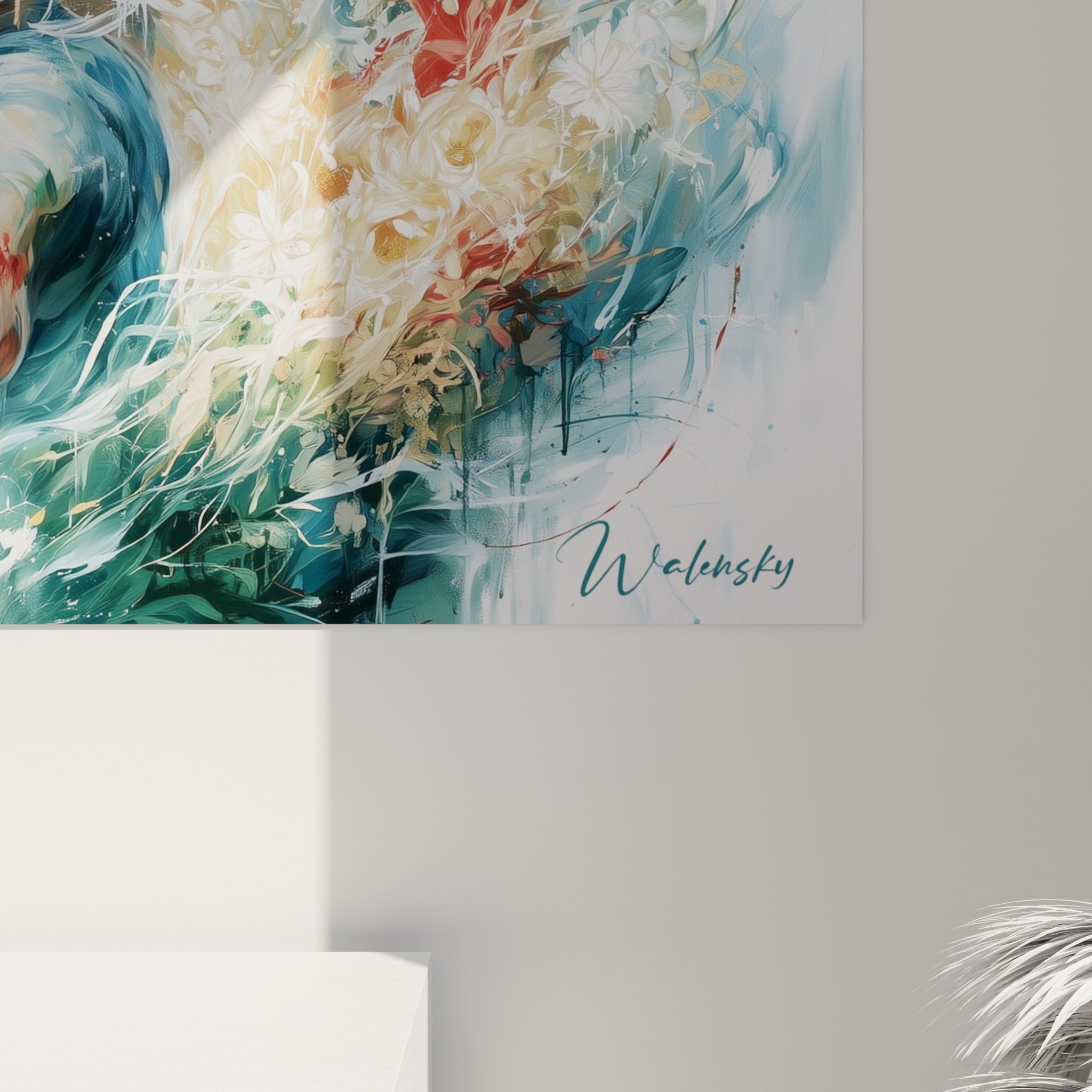 Détail des empâtements bleu pétrole et blancs, coulures fines et touches de rouge sur la toile accrochée