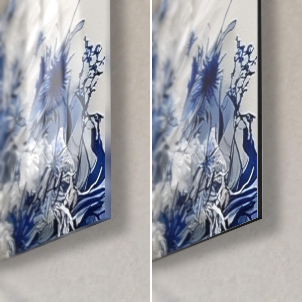 Wall art bovine in indigo blue and white, flowering thistles, bottom right corner in glossy glass and matte Dibond, 3 mm thickness