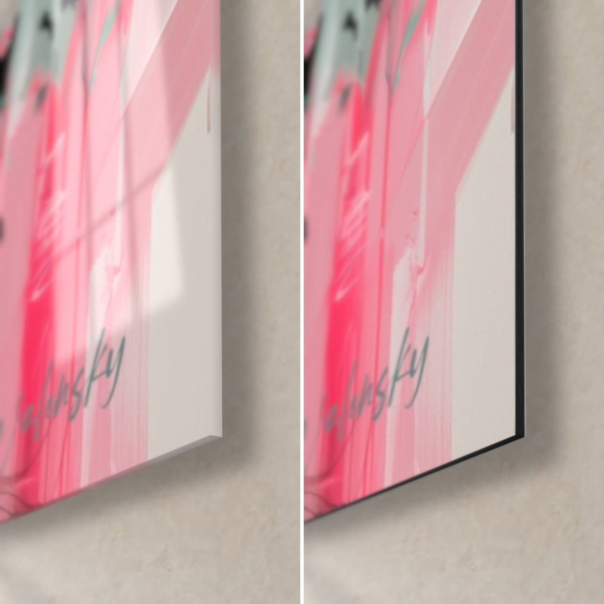 Quadro toro rosa e menta, angolo in basso a destra: vetro acrilico lucido a sinistra, Dibond opaco a destra, bordo da 3 mm